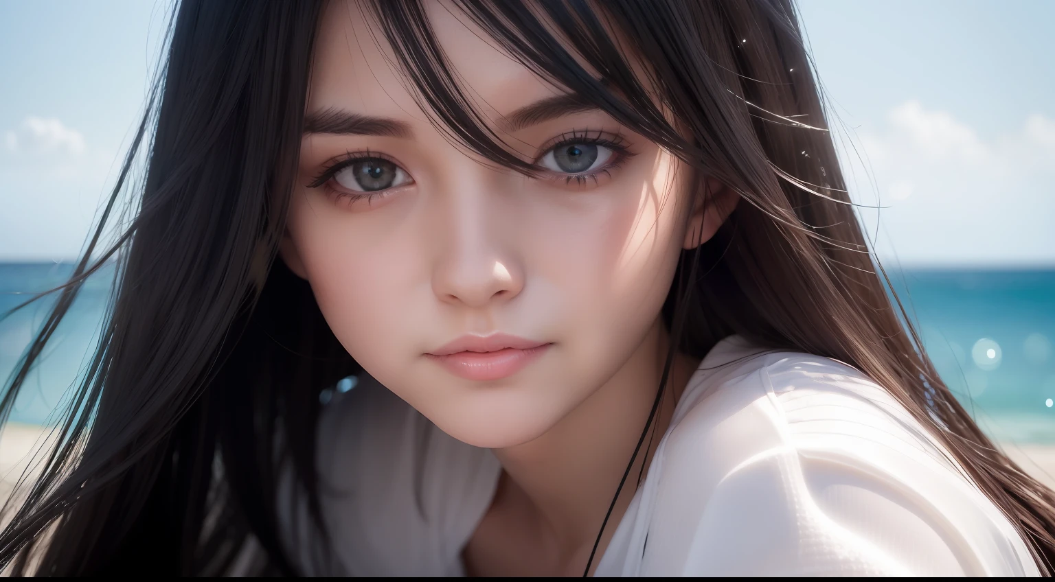 1 girl, largeeyes,Beautiful face,smile,sea beach, white shirt,black hair, long hair, big hair, cinematic lighting, close-up, bokeh, masterpiece, textured skin, high details, high quality, 4K