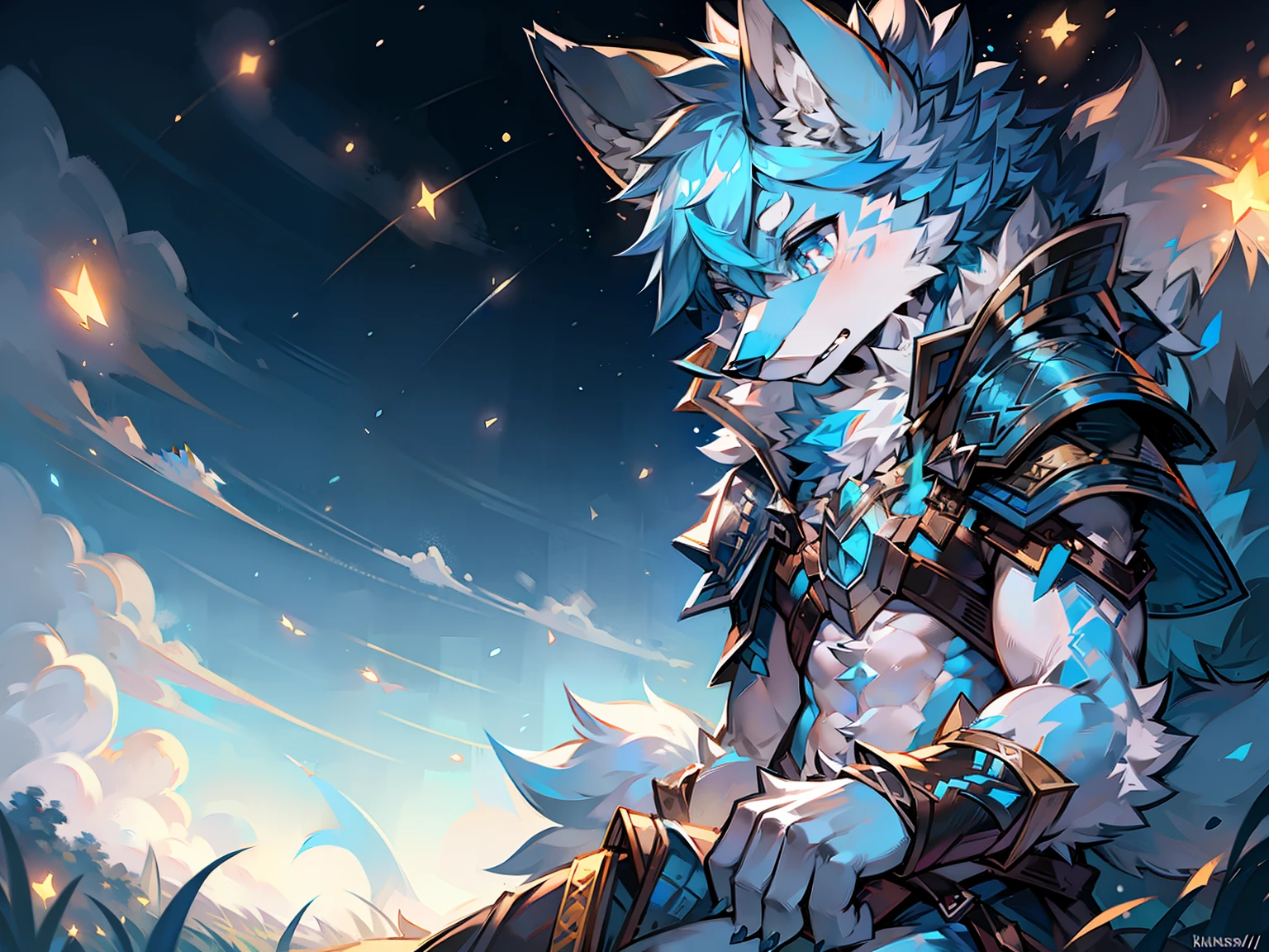 solo person，Wolf head，Wolf tail，male people，musculature，sexy
Light blue ears，Pale blue hair，White belly，Sky blue pupils，There is fur on the arms，There is fur on the legs，The whole body is covered with fur，being in the grassland，Behind it is a starry sky，Fireflies all around，Mage Light Armor，Melee Mage，sideface
