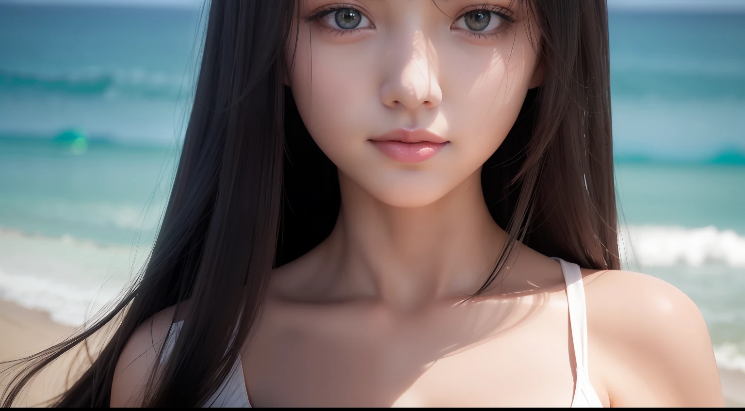1 girl, largeeyes，Beautiful face，smile，sea beach, white shirt,black hair, long hair, big hair, cinematic lighting, close-up, bokeh, masterpiece, textured skin, high details, high quality, 4K