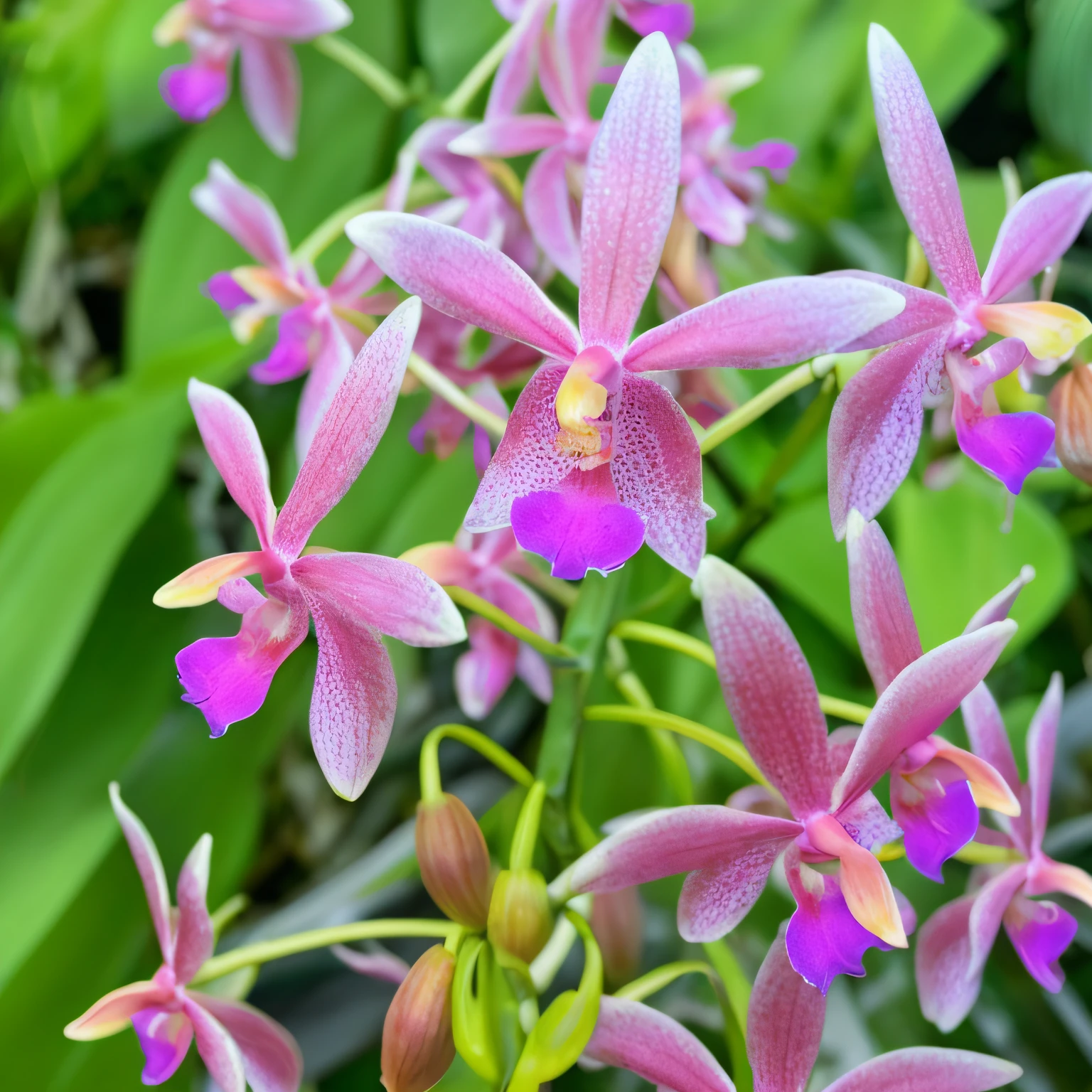 Purple and pink flowers bloom in the garden, an orchid flower, orchid, an orchid flower, flowers with very long petals, Overgrown with orchids, Moth orchid, Orchid stem, Overgrown with thick orchids, Overgrown with fluffy orchids, flower sepals forming helmet, Reflective orchids, blooming tropical flowers, Beautiful image, subtropical flowers and plants, violet polsangi