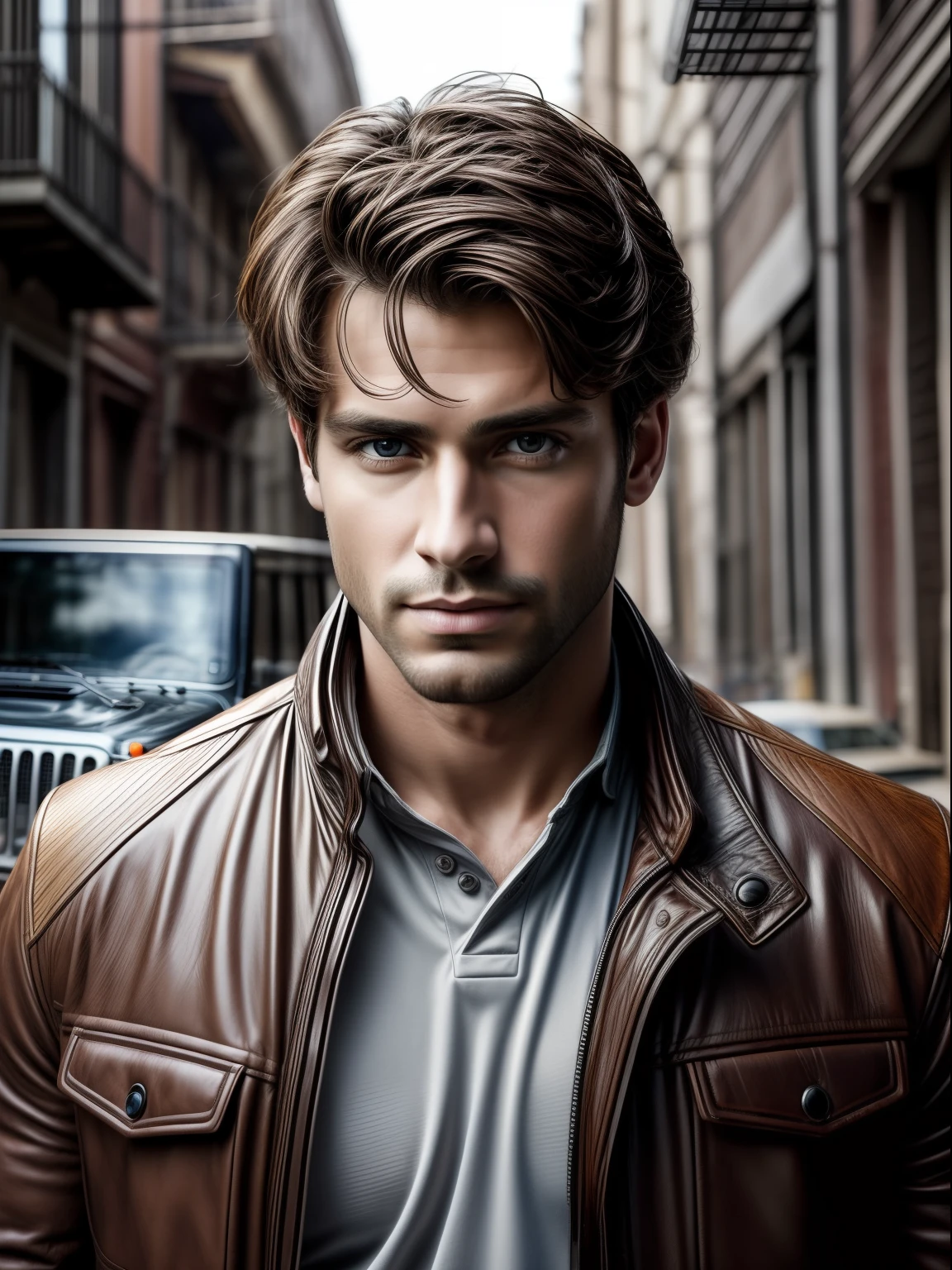 (masterpiece), realistic, (portrait of a man), handsome face, sunlight, cinematic light, a insanely handsome man, beautiful eyes, messy light brown hair, perfect anatomy, insanely cute, princeeyes , handsome man standing next to a Jeep Wrangler with a big city alley as the background