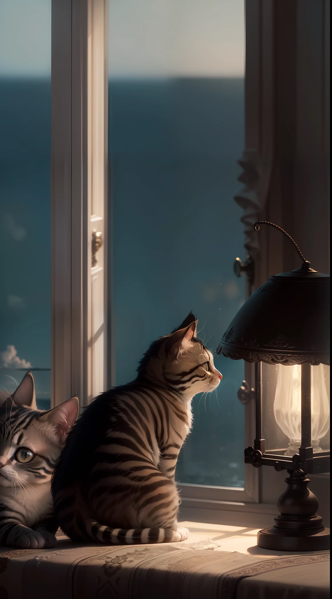 A kitten sits on a table，Looking out the window at the sea view in the dim interior A lamp (Best quality, Detailed details, Masterpiece, , 4K, Chiaroscuro，The photos are super realistic and realistic, Highly detailed Canon videography )