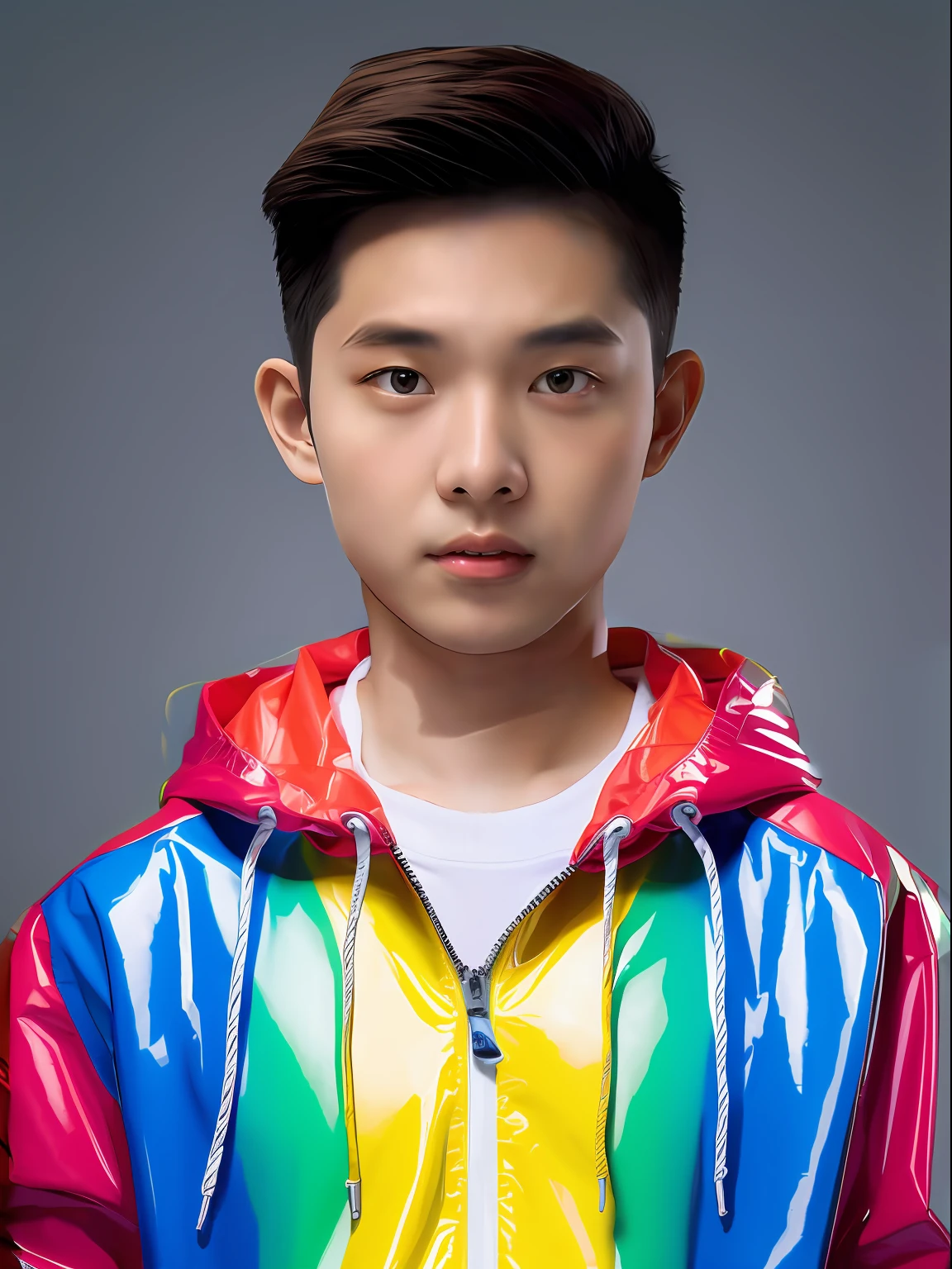 A -yeld mahigh school student,Wear a brightly colored PVC sweatshirt