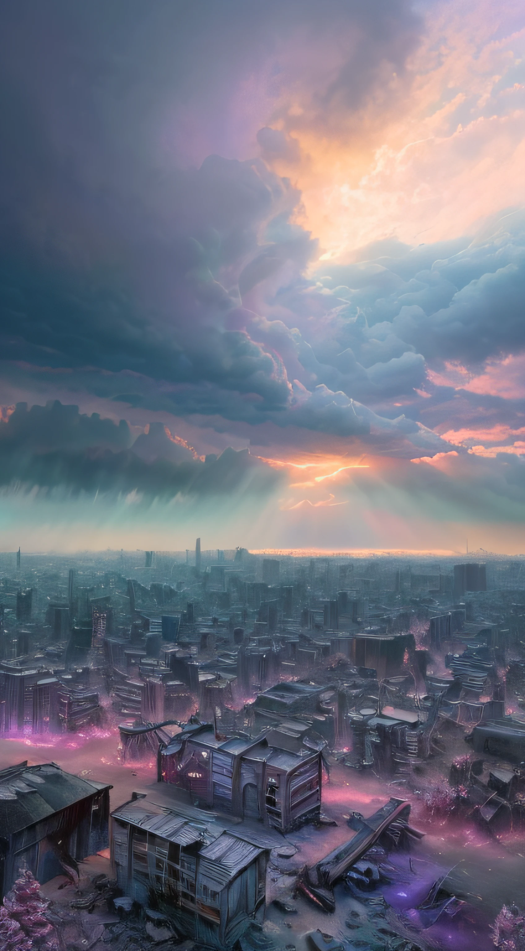 End of the world, epic realistic, (hdr:1.4), (pastel colour:1.4), Apocalypse, freezing, Abandoned,The sky is overcast， dark cloude，Gloomy neutral color, Night, Screen space refraction, (Intricate details), (Intricate details, ultra - detailed:1.2), art  stations, cinema shot, Vignette, the complex background, incomplete,