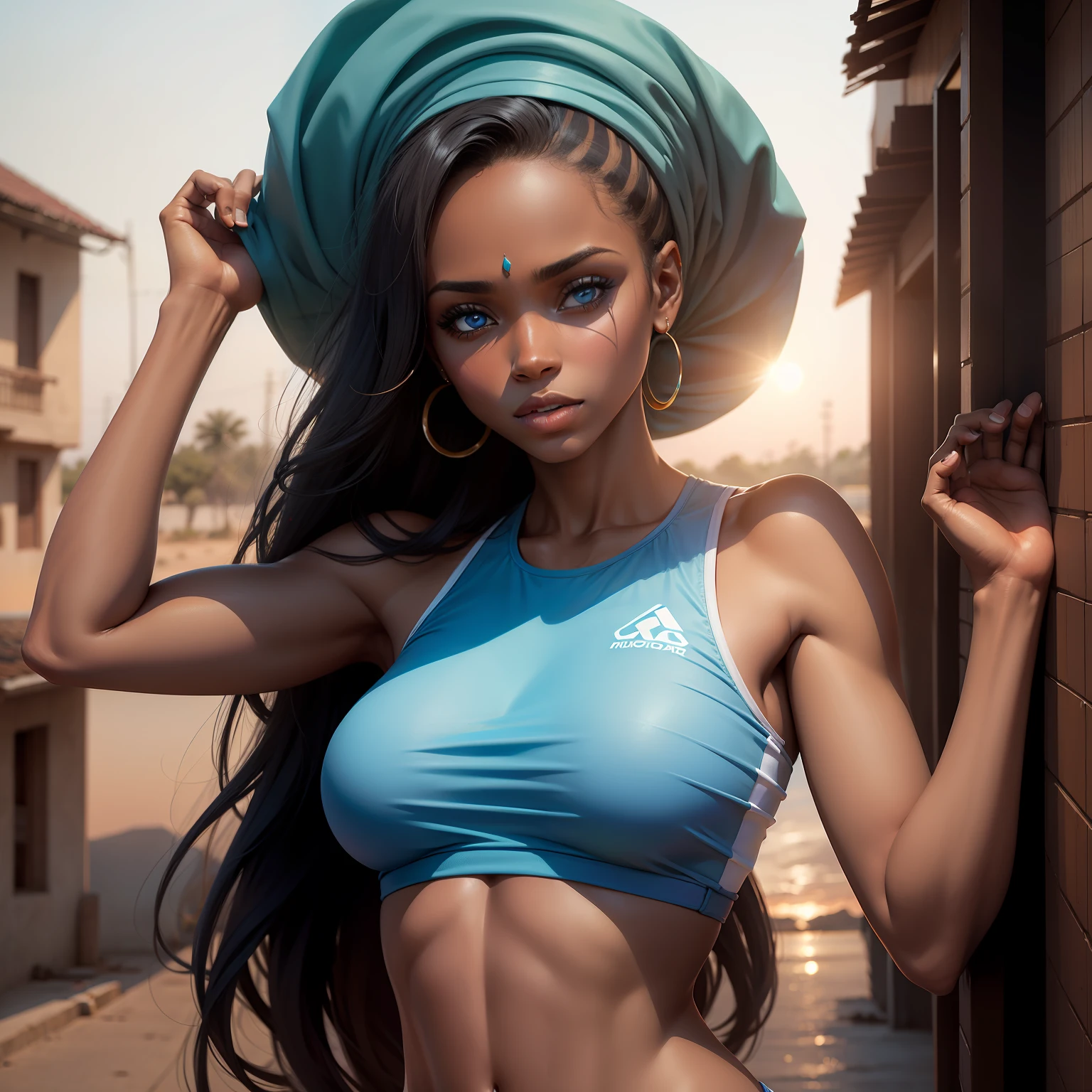 Mujer hermosa de nigeria, hiperrealista, con ojos azules, cuerpo de fisiculturista, al atardecer.