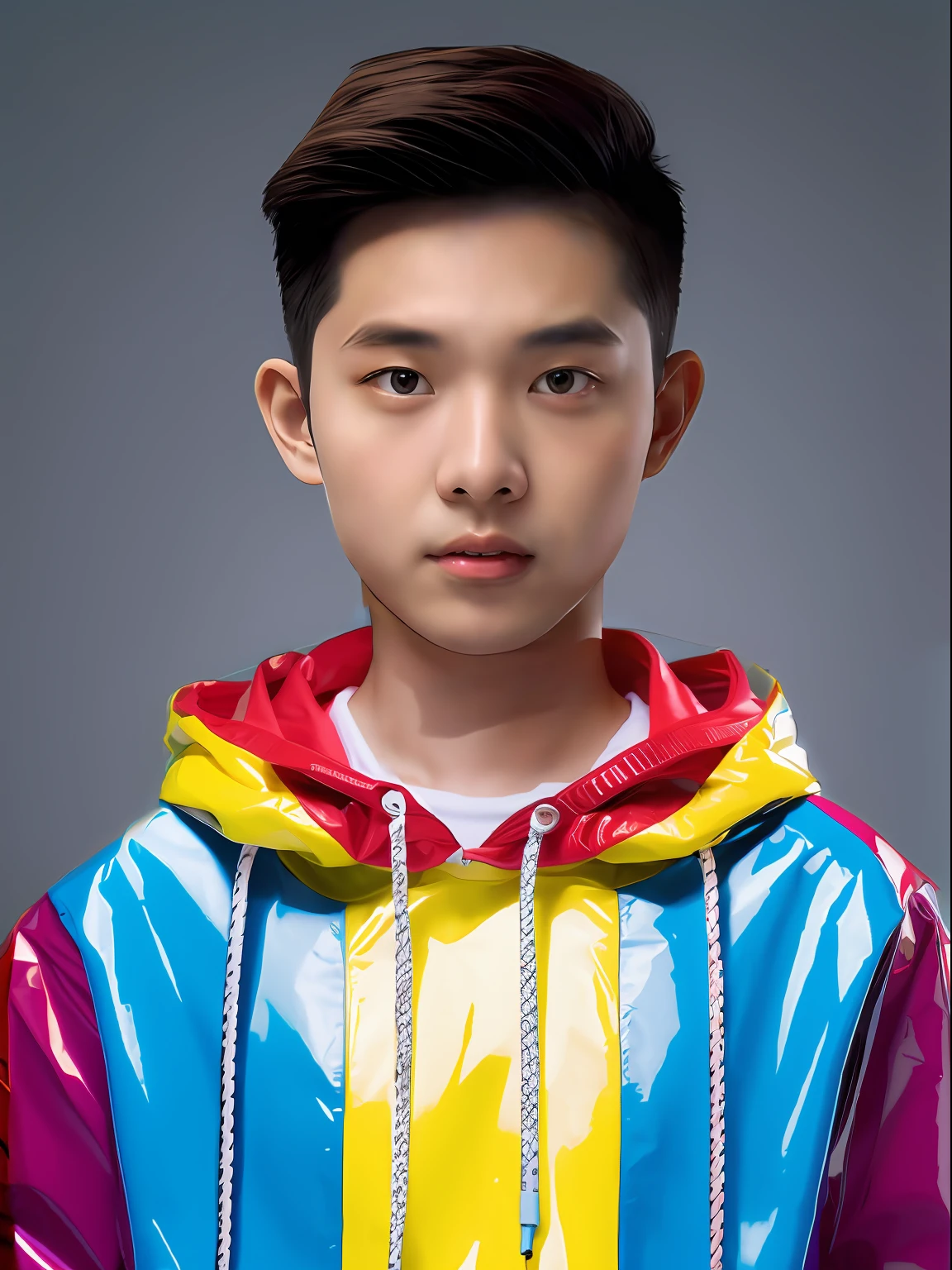 A -yeld mahigh school student，Wear a brightly colored PVC sweatshirt