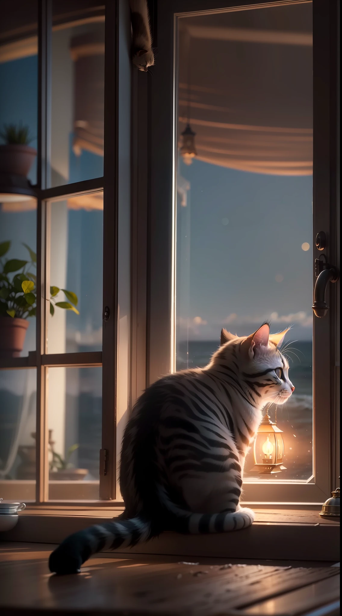 A kitten sits on a table,Looking out the window at the sea view in the dim interior A lamp (Best quality, Detailed details, Masterpiece, , 4K, Chiaroscuro,The photos are super realistic and realistic, Highly detailed Canon videography )