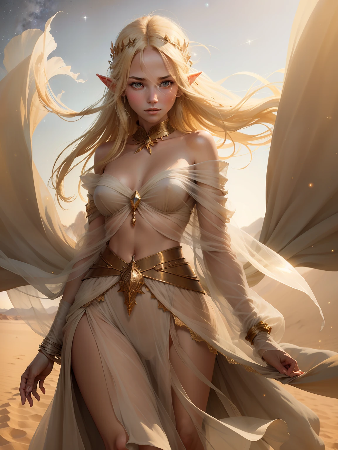 A graceful blonde elf girl, full body a desert nomad, strides across the sand, her translucent gossamer clothes billowing in the wind, the stars twinkling in the night sky.