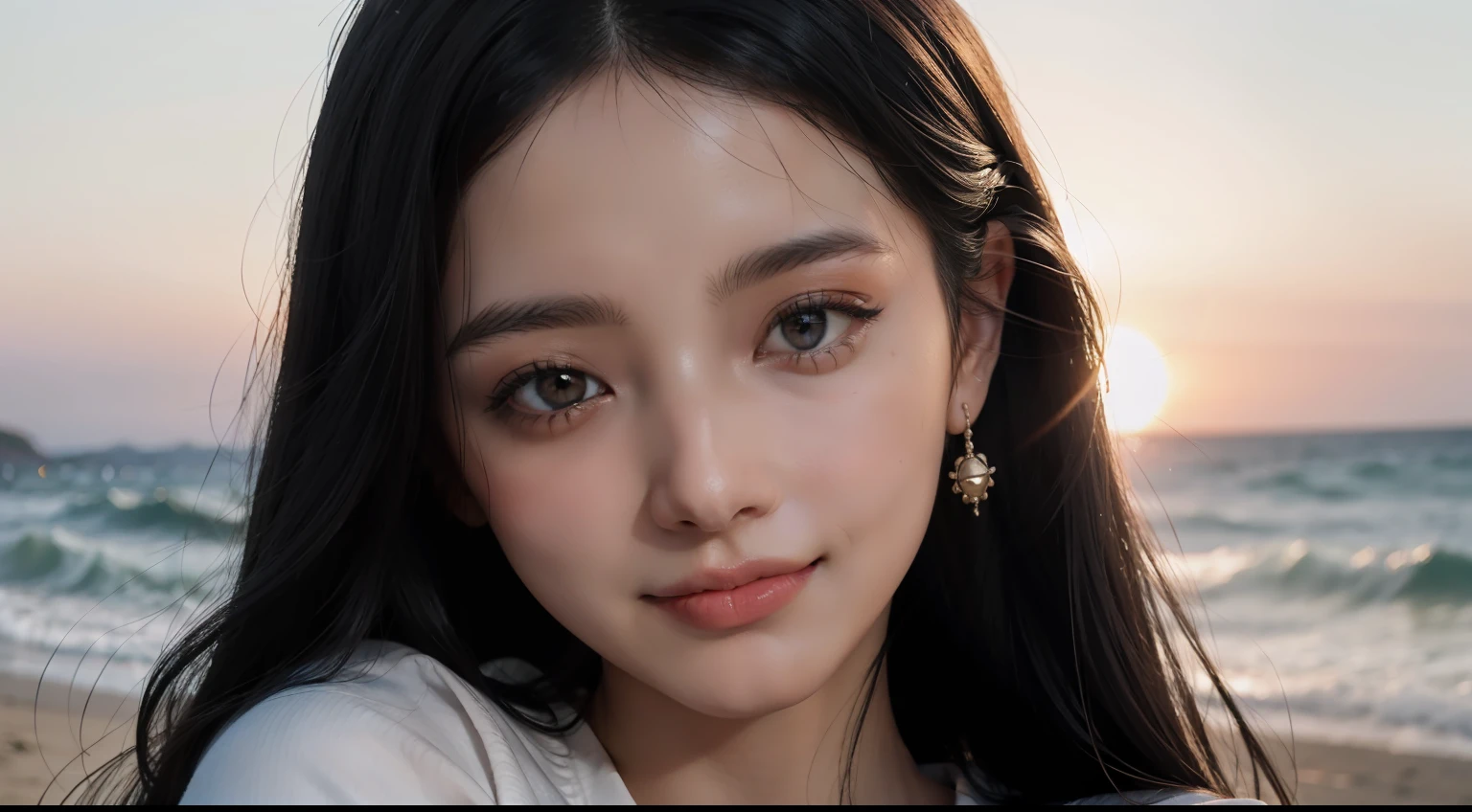 1 girl, largeeyes,Beautiful face,Smile,sea beach, White shirt,Black hair, Long hair, Big hair, Cinematic lighting, Close-up, Bokeh, Masterpiece, Textured skin, High details, High quality, 4K