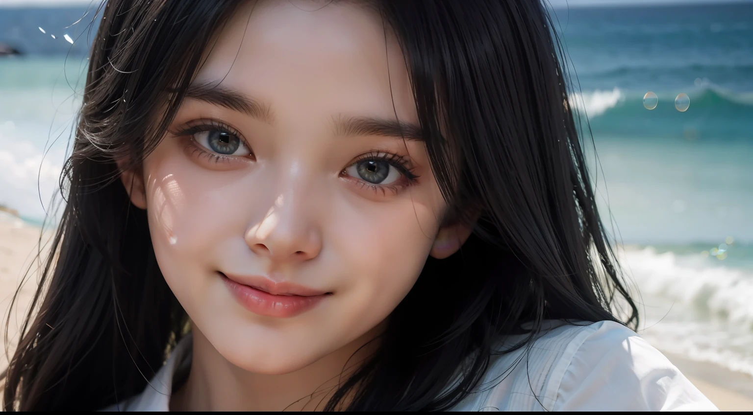 1 girl, largeeyes，Beautiful face，Smile，sea beach, White shirt,Black hair, Long hair, Big hair, Cinematic lighting, Close-up, Bokeh, Masterpiece, Textured skin, High details, High quality, 4K