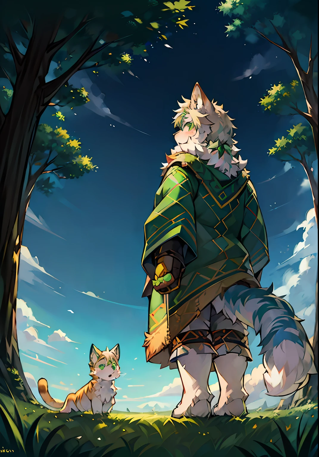 Masterpiece,High quality,abstract res,Digital painting\(artwork of a\), author:BrukkiGunar, Yupa,Kiyosan,(anthro,Fluffy fur,Character focus:1.1),anthro male cat,Portrait , eyes with brightness, in a panoramic view, Character focus.(detailedbackground:0.7), 独奏, shaggy, shaggy male, Majesty,apathy,Handsome,malefocus, Robust,Strong anthrax(Full Body Furry, It has a fluffy tail,With a green pattern, White fur, Dark green eyes), (Long felines、moth、White feathers、Dark green ears、Beige tail、Green pattern、Beige hair、Manteau:1.2),(External、In the daytime、Dense grass、Low tree、clear skies、grassy fields)