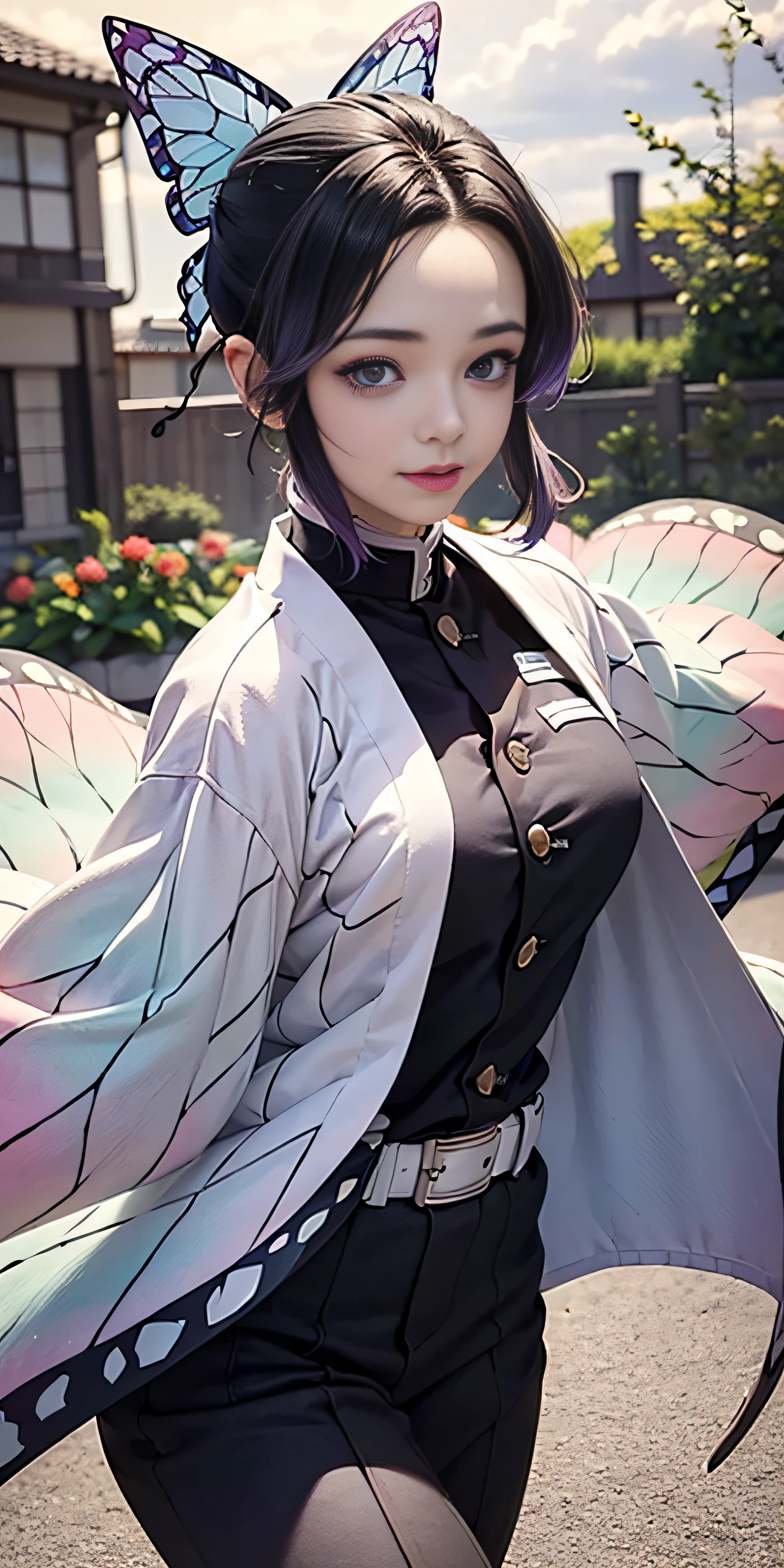 Ultra-realistic 8k CG,masterpiece,((ultra-detailed background, delicate pattern, intricate details)),best quality,very detailed face,extremely detailed eyes and face,extremely detailed eyes,kochou shinobu,multicolored hair,no bangs,hair intakes,purple eyes,forehead,black shirt,black pants,haori,butterfly,buttons,belt,(Garden:1.2),purple flower,chibi,cloudy sky,sunlight,Tindal effect,gradient_sky,face,Gorgeous sky,Waist Sabre,Charming posture,