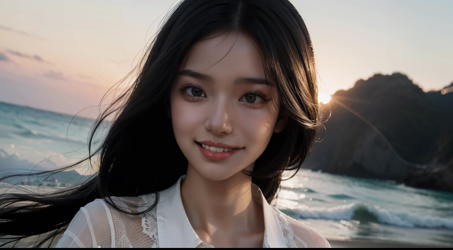 1 girl, largeeyes,Beautiful face,Smile,sea beach, White shirt,Black hair, Long hair, Big hair, Cinematic lighting, Close-up, Bokeh, Masterpiece, Textured skin, High details, High quality, 4K