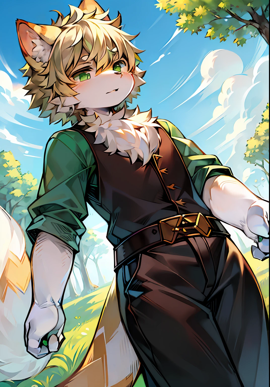 Masterpiece,High quality,abstract res,Digital painting\(artwork of a\), author:BrukkiGunar, Yupa,Kiyosan,(anthro,Fluffy fur,Character focus:1.1),anthro male cat,Portrait , eyes with brightness, in a panoramic view, Character focus.(detailedbackground:0.7), 独奏, shaggy, shaggy male, Majesty,apathy,Handsome,malefocus, Robust,Strong anthrax(Full Body Furry, It has a fluffy tail,With a green pattern, White fur, Dark green eyes), (Long felines、moth、White feathers、Dark green ears、Beige tail、Green pattern、Beige hair、Manteau:1.2),(External、In the daytime、Dense grass、Low tree、clear skies、grassy fields)