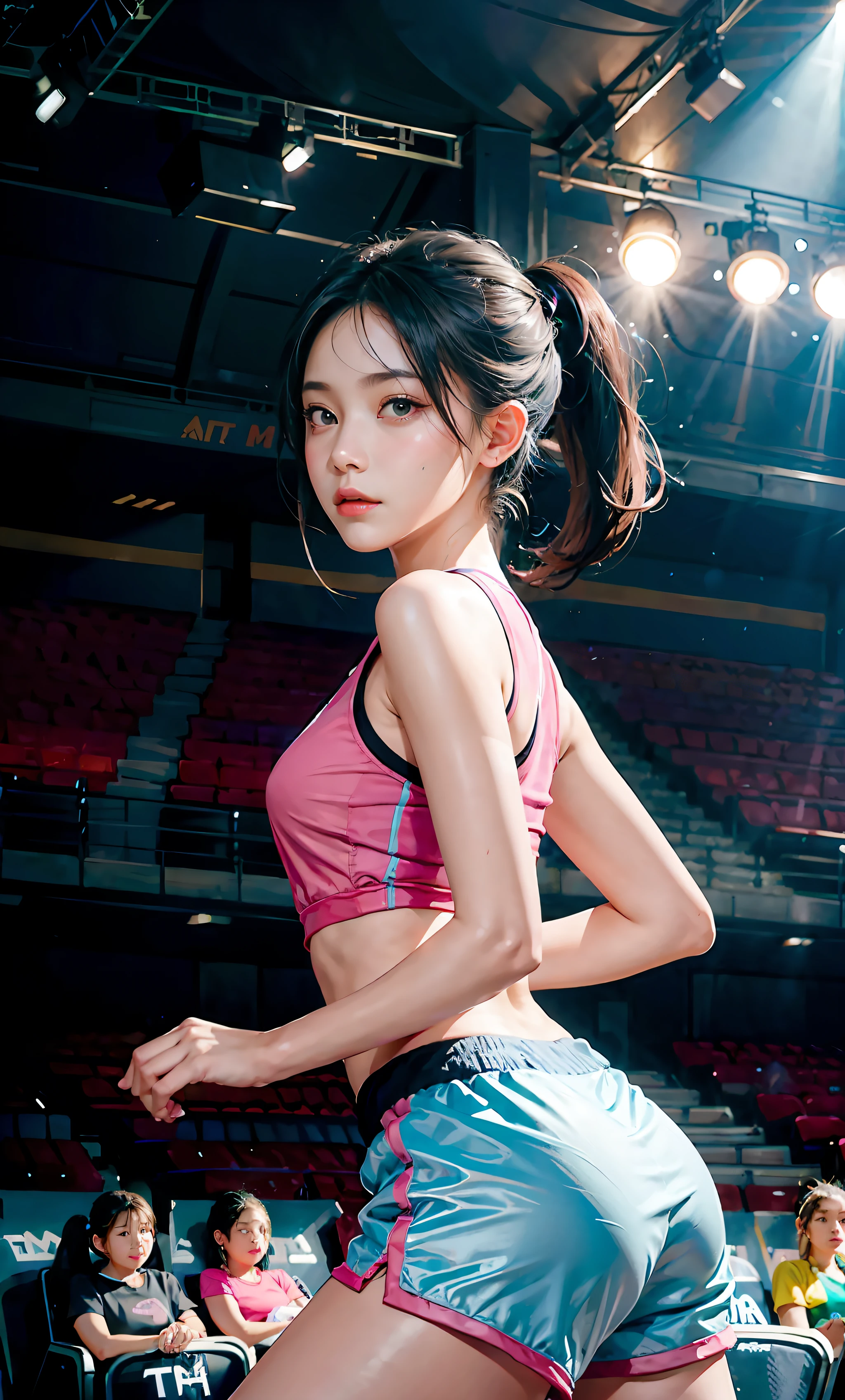 1 girl, (Face the audience:1.8),Solo, Running, Gray Track Top,plain face ,Pink shorts, pony tails, Athletic figure,Black hair,Dynamic brushstrokes,Smooth movements,Capture the essence of her sportsmanship and energy,Light and pastel tones create a dreamy and ethereal atmosphere,Portrays the movement and elegance of running,The wind blew her ponytail and clothes,and the landscape around her。exteriors,detailed back ground,Modern metropolis,