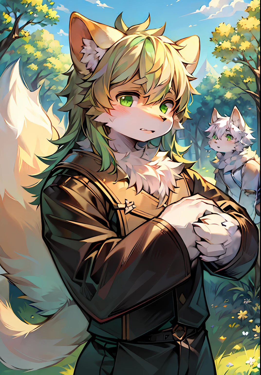 Masterpiece,High quality,abstract res,Digital painting\(artwork of a\), author:BrukkiGunar, Yupa,Kiyosan,(anthro,Fluffy fur,Character focus:1.1),anthro male cat,Portrait , eyes with brightness, in a panoramic view, Character focus.(detailedbackground:0.7), 独奏, shaggy, shaggy male, Majesty,apathy,Handsome,malefocus, Robust,Strong anthrax(Full Body Furry, It has a fluffy tail,With a green pattern, White fur, Dark green eyes), (Long felines、moth、White feathers、Dark green ears、Beige tail、Green pattern、Beige hair、Manteau:1.2),(External、In the daytime、Dense grass、Low tree、clear skies、grassy fields)
