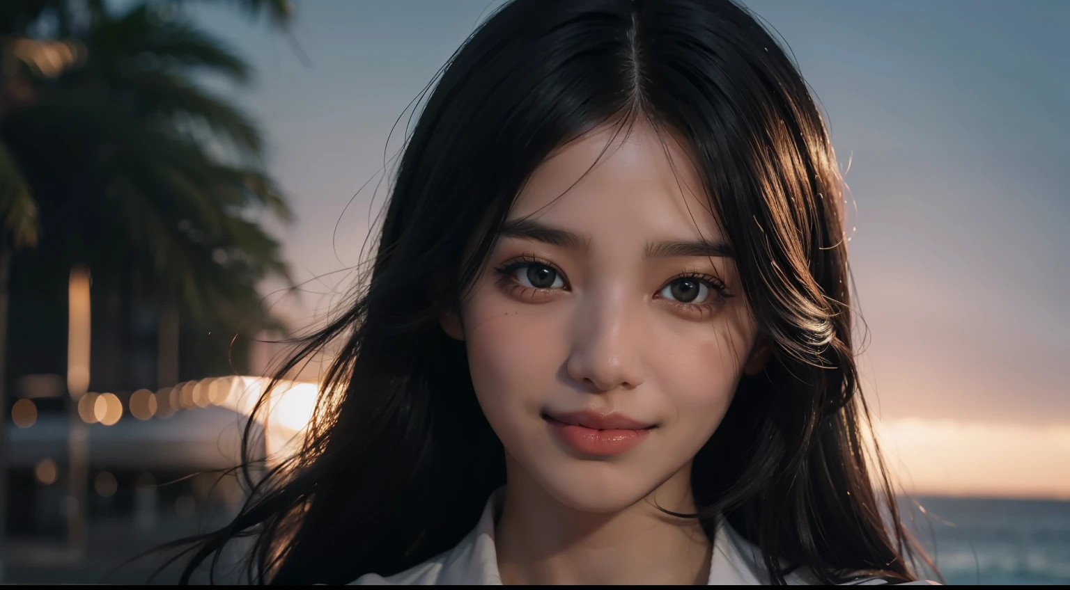 1 girl, largeeyes，Beautiful face，Smile，sea beach, White shirt,Black hair, Long hair, Big hair, Cinematic lighting, Close-up, Bokeh, Masterpiece, Textured skin, High details, High quality, 4K