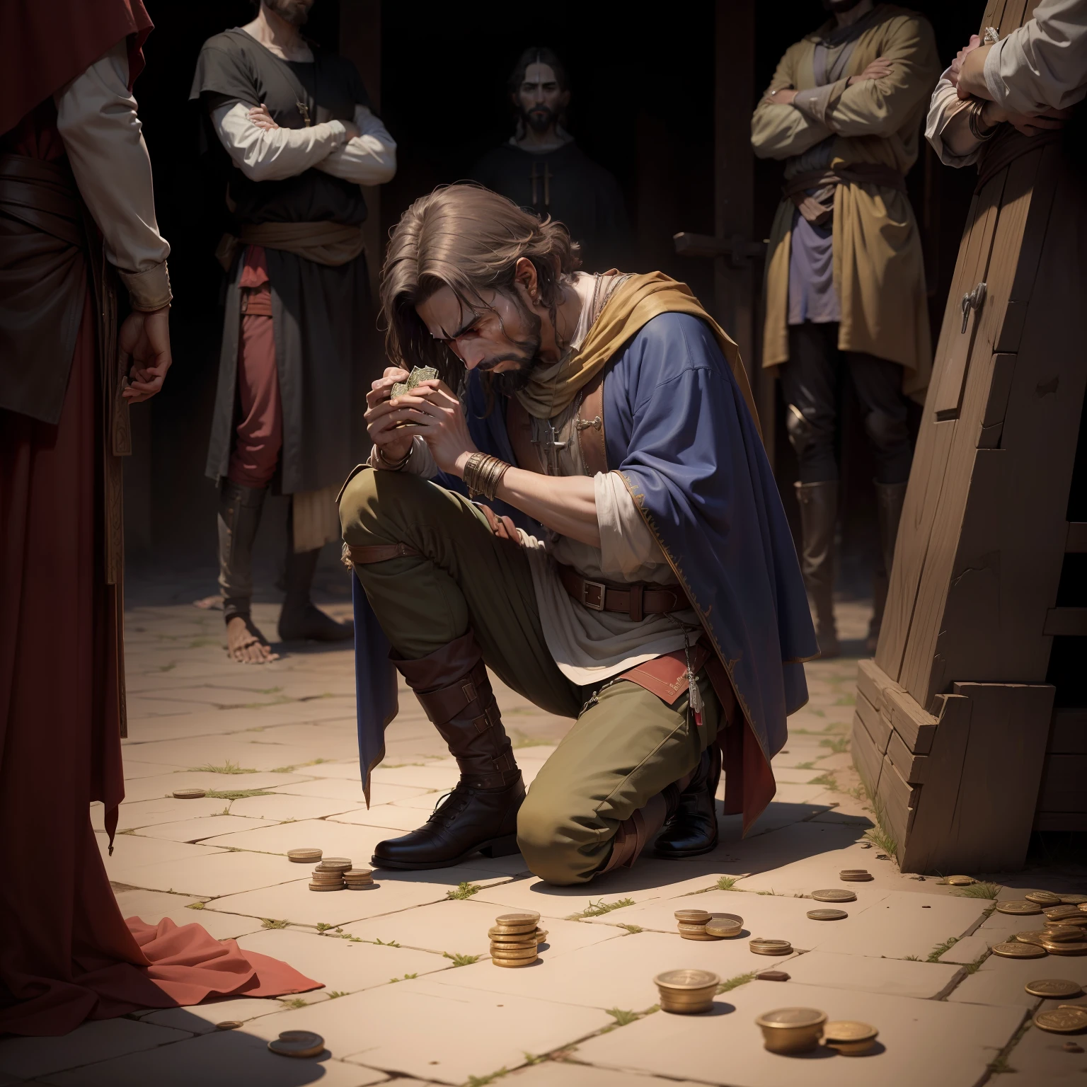 Crie uma arte, of Judas Iscariot on his knees with a bag of coins in his hands, asking Jesus Christ for forgiveness, Image resolution in 4k