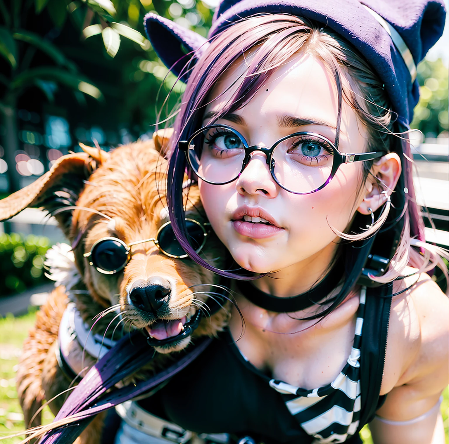 Realistic photo, de 20 anos, cabelo rosa com coques, hat with purple stripes, Tampo do tanque, leggings on the arms, Round Eyewear, backpack carrying movie dog