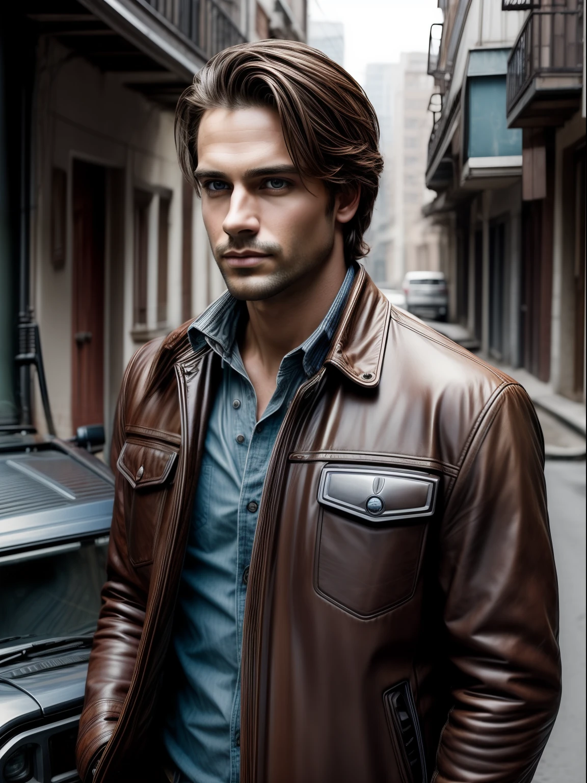 (masterpiece), realistic, (portrait of a man), handsome face, sunlight, cinematic light, a insanely handsome man, beautiful eyes, messy light brown hair, perfect anatomy, insanely cute, princeeyes , handsome man standing next to a Jeep Wrangler with a big city alley as the background