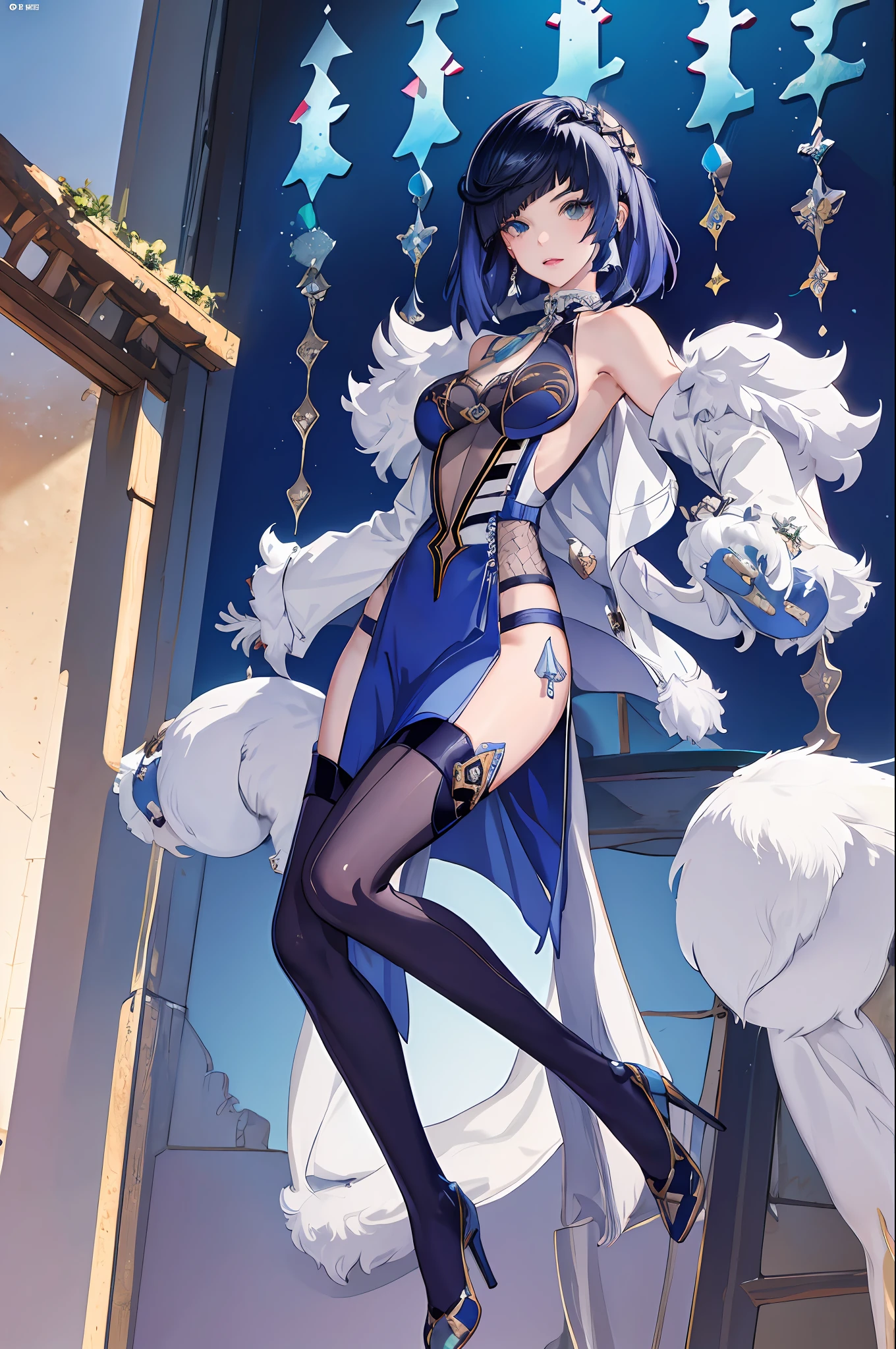 Yelan,Masterpiece, Comic cover style，Comic title，Exposing the abdomen，Slim figure，cropped shoulders，huge tit，White dress at the bottom，Mesh garment，Fleshy thighs，Below the waist are mesh stockings，Masterpiece，hyper-detailed face，Deep rendering