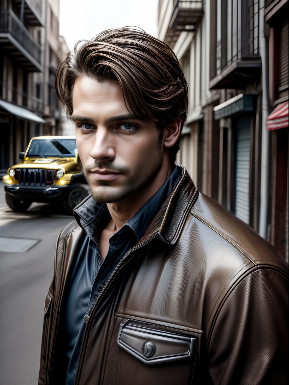 (masterpiece), realistic, (portrait of a man), handsome face, sunlight, cinematic light, a insanely handsome man, beautiful eyes, messy light brown hair, perfect anatomy, insanely cute, princeeyes , handsome man standing next to a Jeep Wrangler with a big city alley as the background