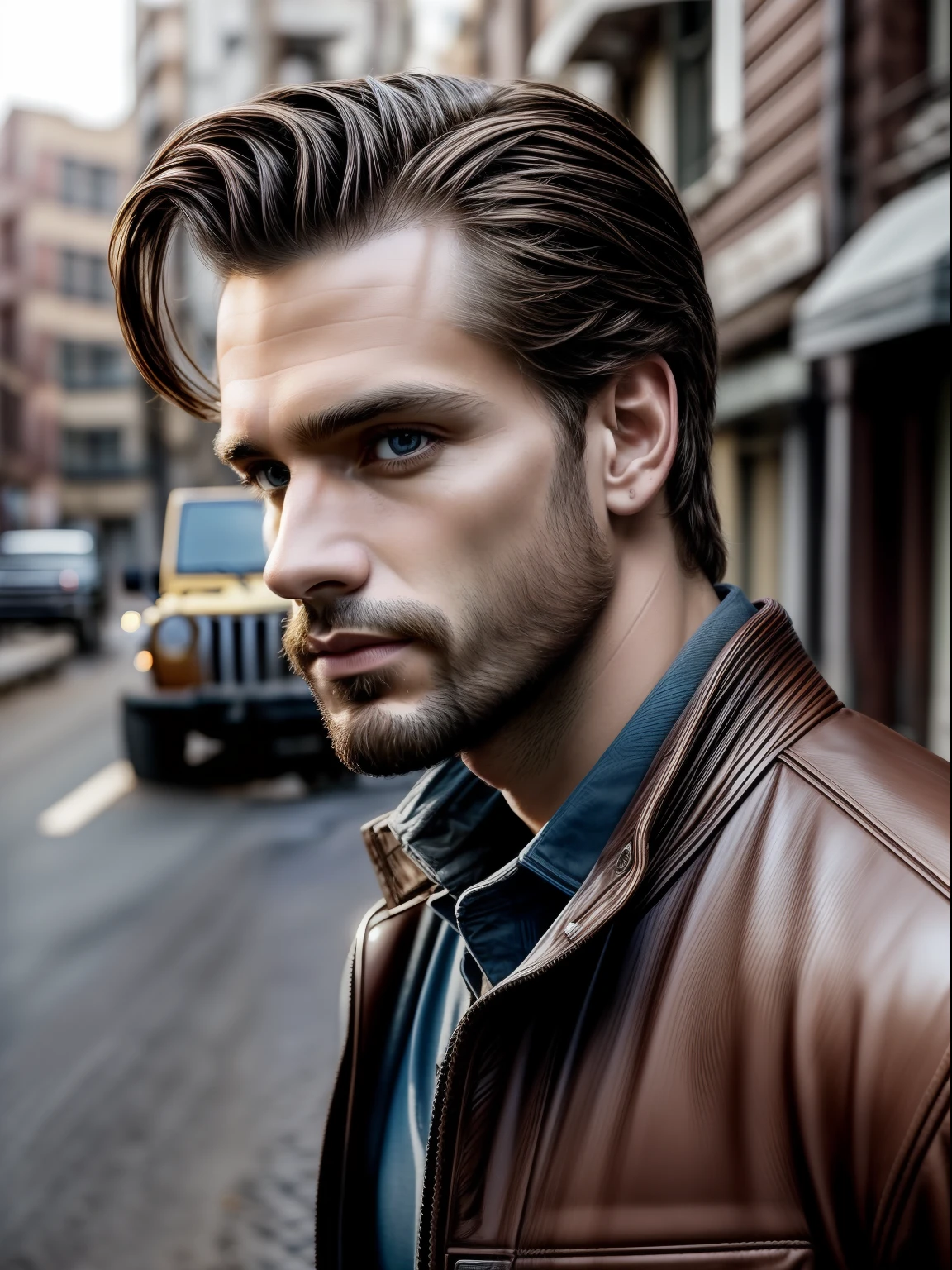 (masterpiece), realistic, (portrait of a man), handsome face, sunlight, cinematic light, a insanely handsome man, beautiful eyes, messy light brown hair, perfect anatomy, insanely cute, princeeyes , handsome man standing next to a Jeep Wrangler with a big city alley as the background