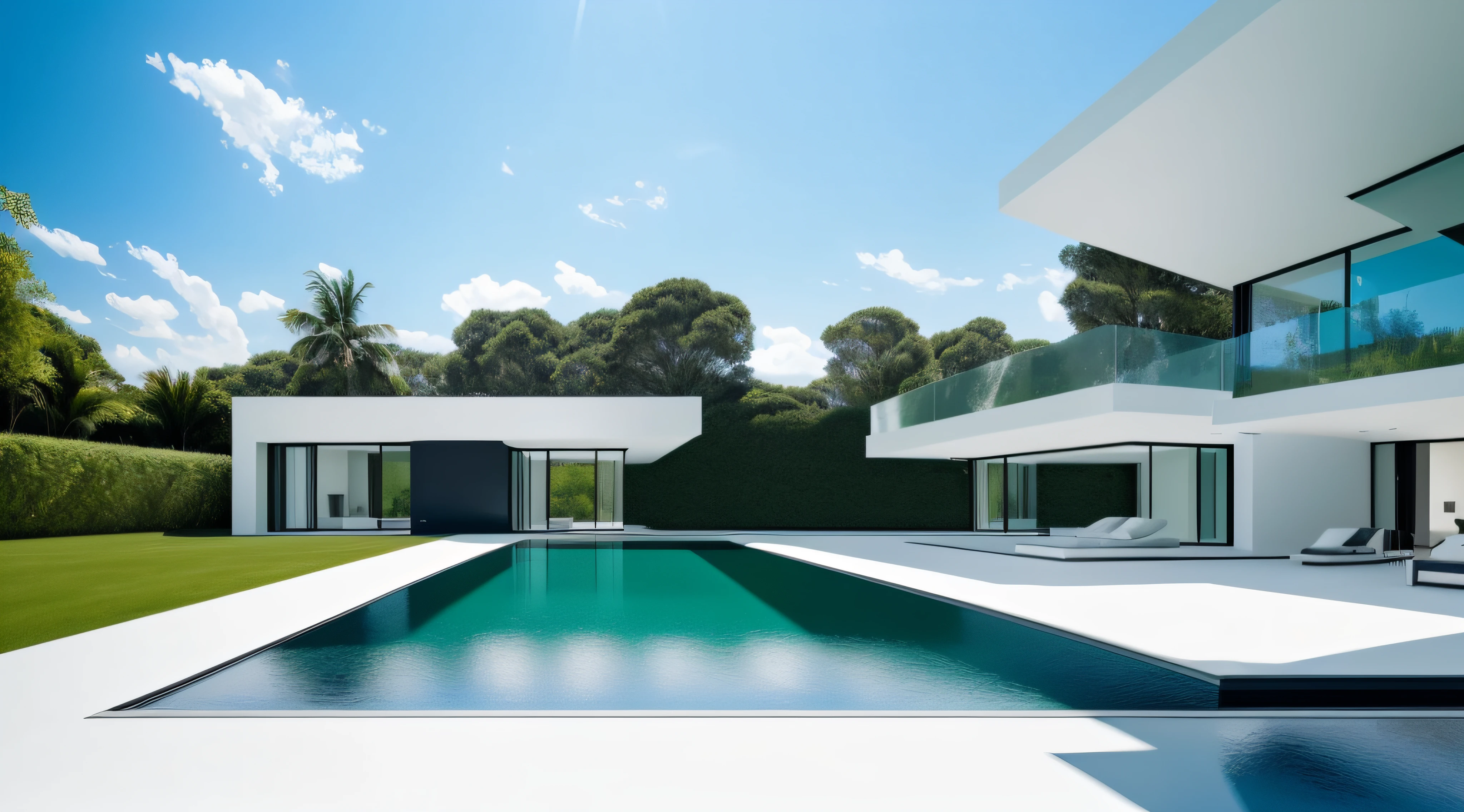 Luxury residence,Villas,floor to ceiling window,rays of sunshine,with blue sky and white clouds,Green meadow,Small pool,The fountain,Gray façade,Black steel structure,minimal style,Ultra-minimalist design,Wide angle field of view,Hyper Real,tmasterpiece,Accurate,atmospurate,extremely higly detailed,A high resolution