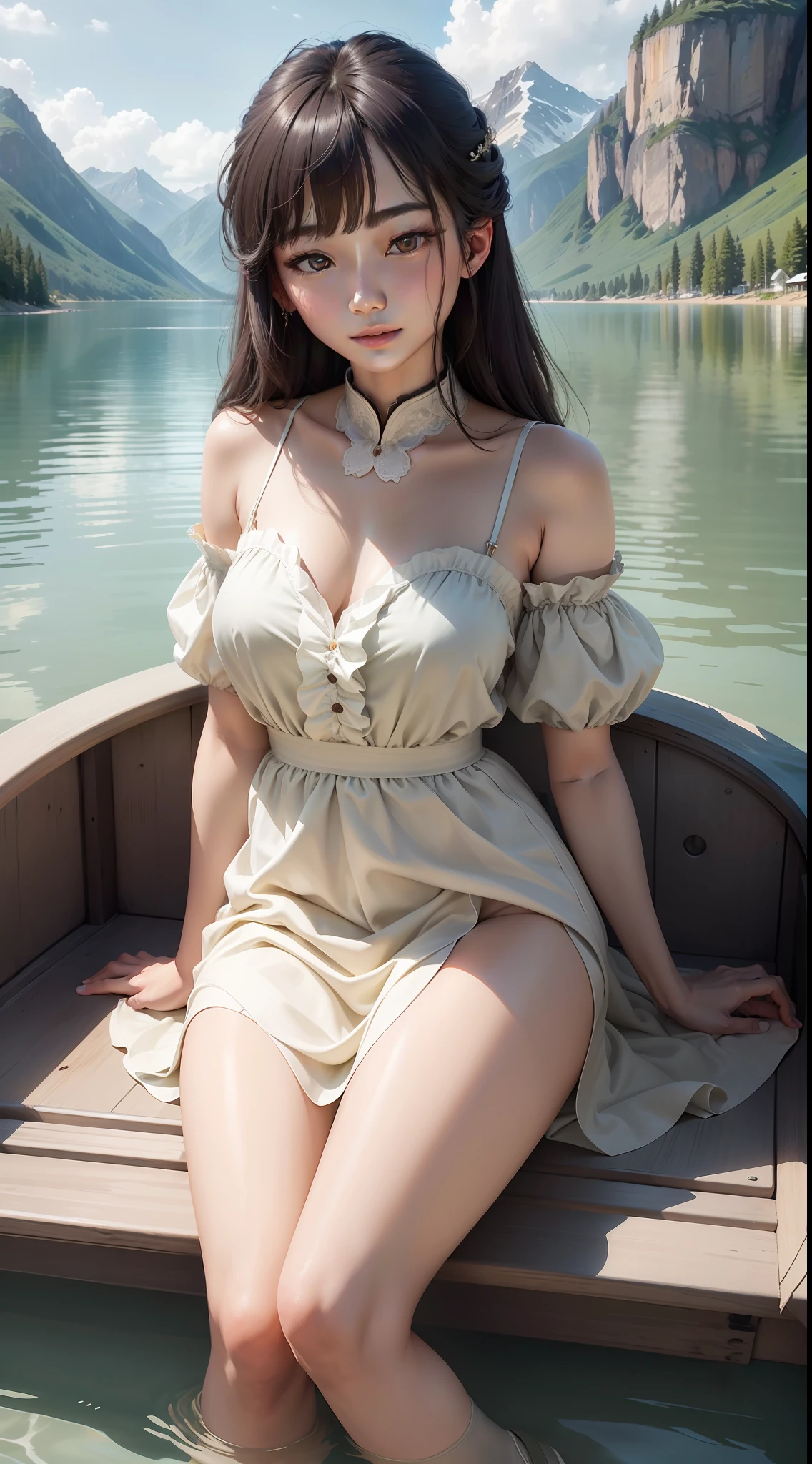 korean female，goddes，perfect bodies，Sitting on the boat，Maruko hair，Detailed skin texture and cloth texture，long eyelasher，Detailed eyelashes close-up，二重まぶた，Light smile，photography mode，8k、Highest image quality、tmasterpiece、超高分辨率:1.2，Beautiful female photos with elegant style as the theme，Araki woman in layered dress，photography mode，soft fabrics，Detailed fabric texture，shift dresses，Fluent dress，Elegant dress，full-body view，is wearing  dress，The boat is on the lake，Lakes and mountain peaks，Front view