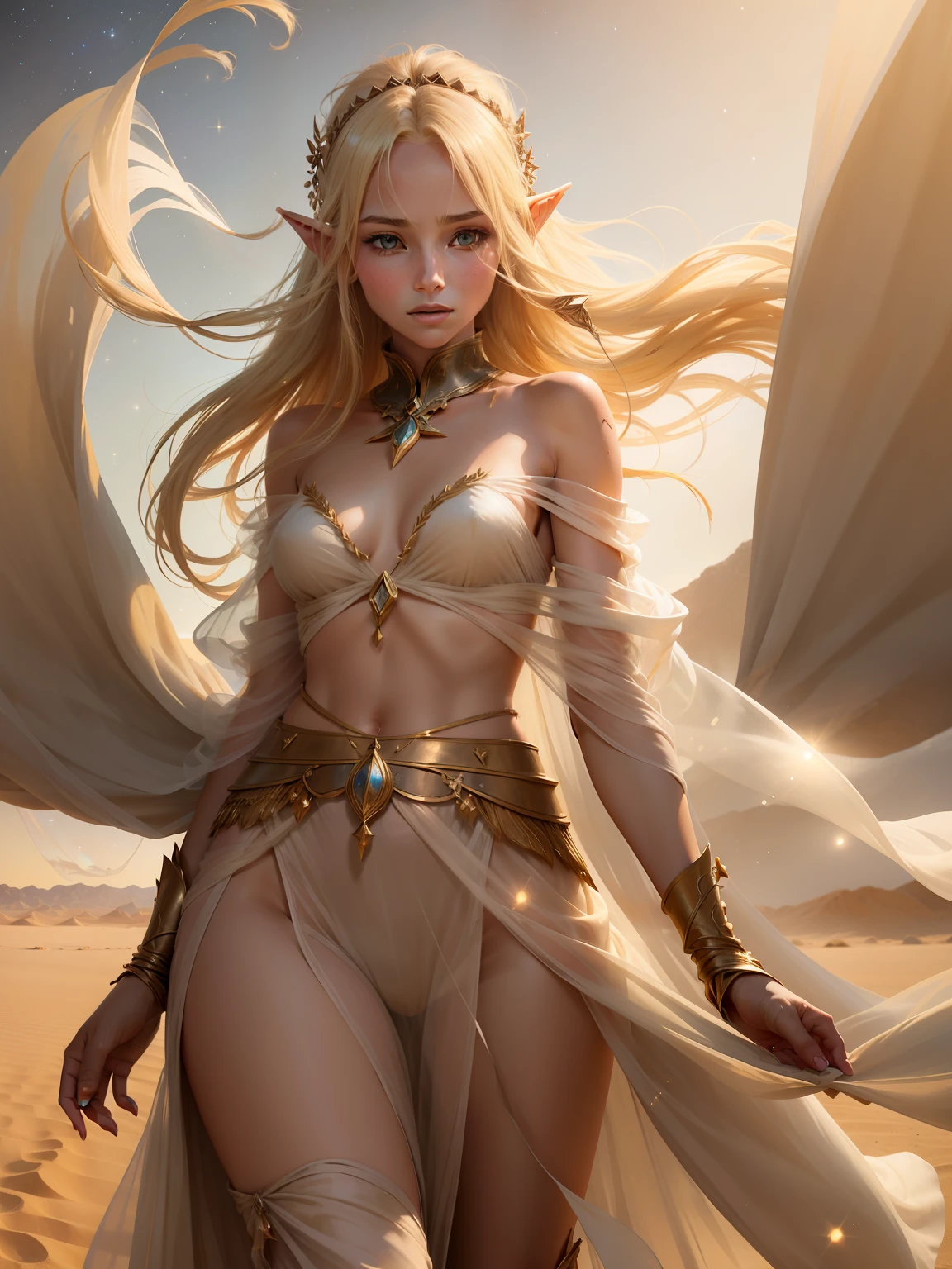 A graceful blonde elf girl, full body a desert nomad, strides across the sand, her translucent gossamer clothes billowing in the wind, the stars twinkling in the night sky.