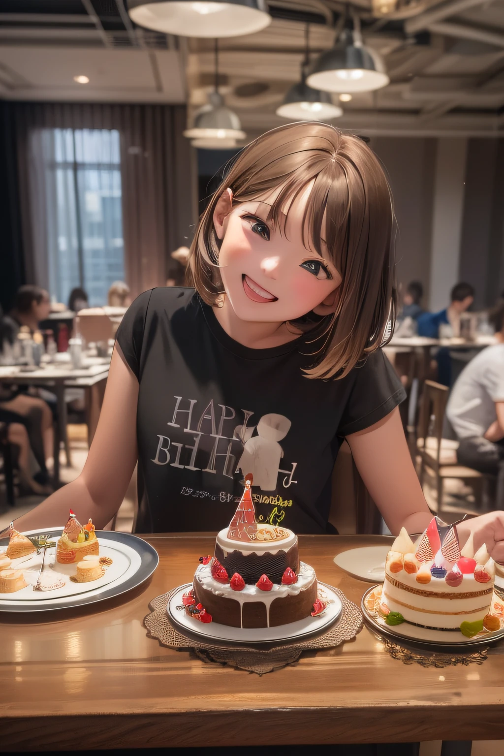 Shorthair、brown haired、hightquality、high detal、1girl in、tshirts、,Looks happy、The upper part of the body、Looking at the camera、Birthday cake on the table,Fine dining restaurant in the background