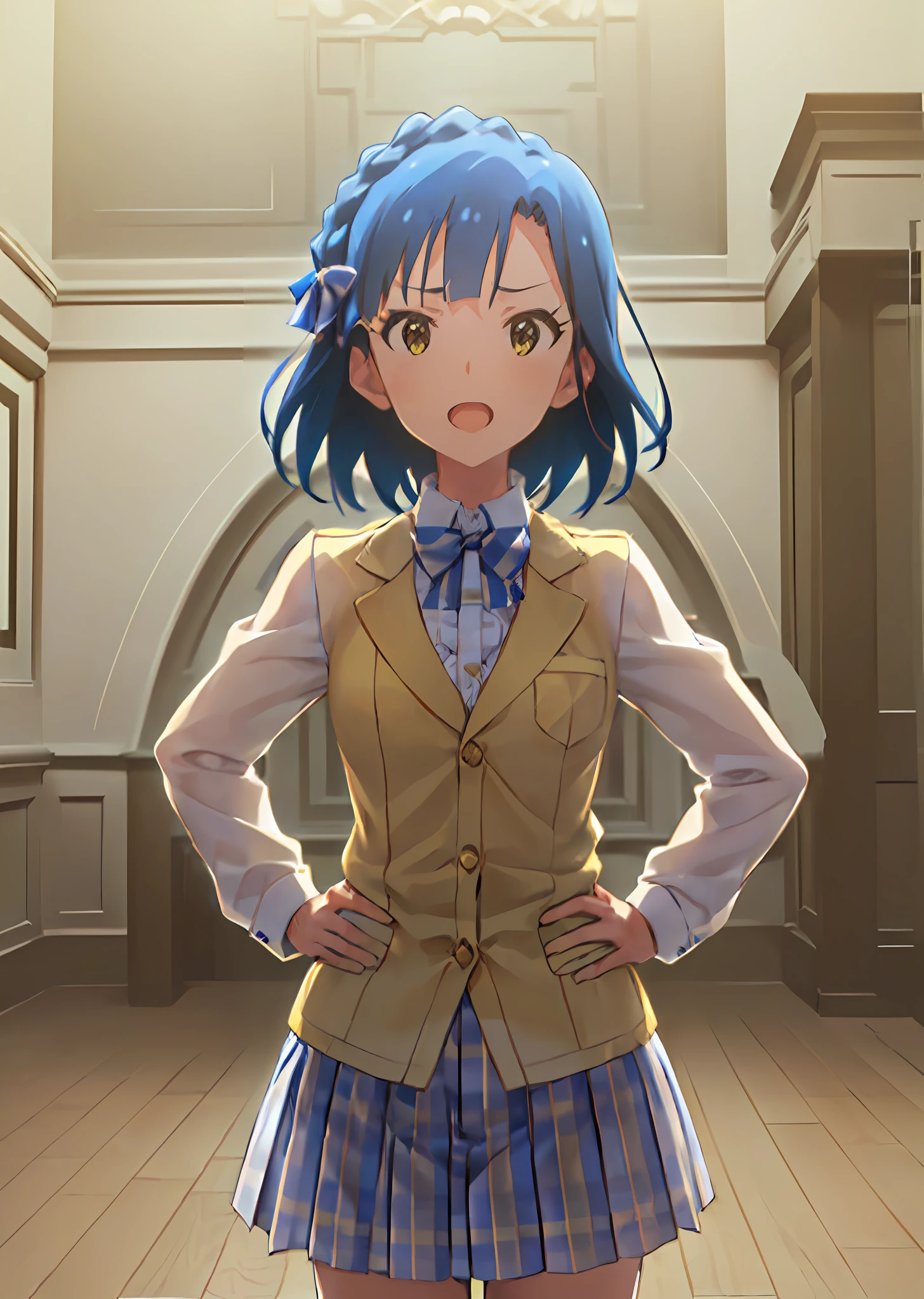 yuriko nanao (million live). Short stature. (((white t-shirts))).suspenders(((Skirt))).(((masterpiece))).(((best quality))).((Ultra-detailed))).(((illustratio))). (((put hands on the hip))).(((a room))).(((make a fist))).(((up chest))).Despair face.((short-hair)).((big breasts)).((Opening Mouth)).
