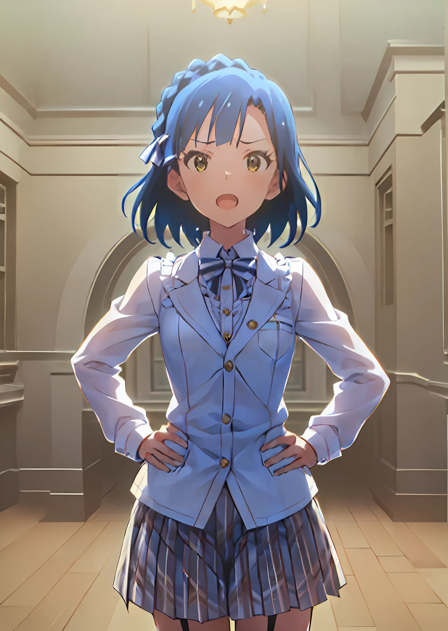 yuriko nanao (million live). Short stature. (((white t-shirts))).suspenders(((Skirt))).(((masterpiece))).(((best quality))).((Ultra-detailed))).(((illustratio))). (((put hands on the hip))).(((a room))).(((make a fist))).(((up chest))).Despair face.((short-hair)).((big breasts)).((Opening Mouth)).