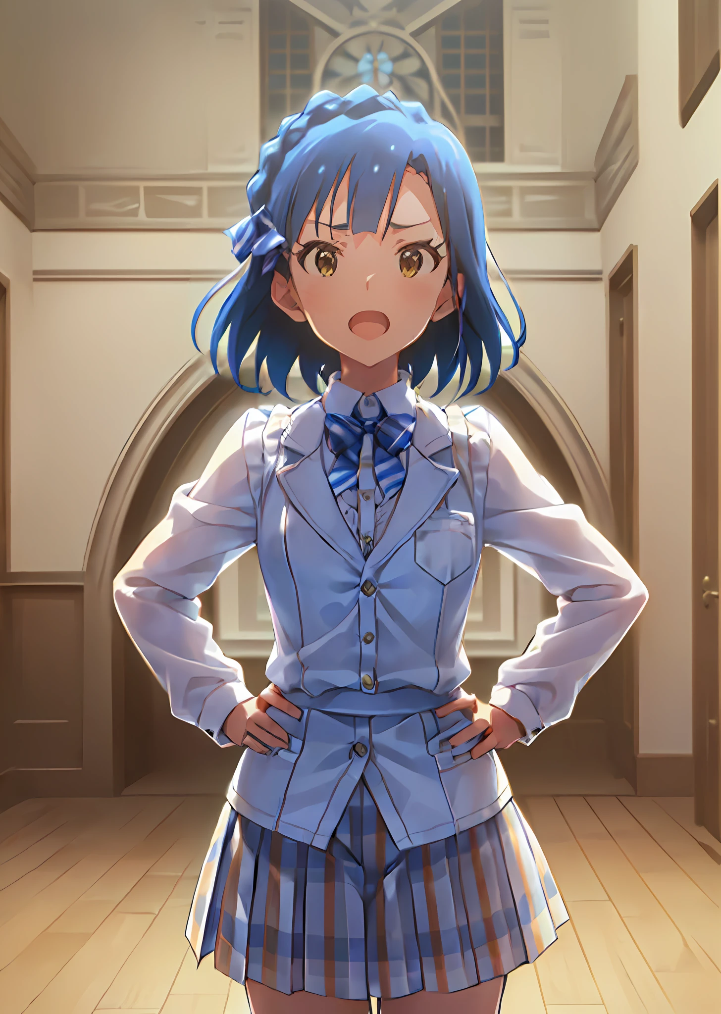 yuriko nanao (million live). Short stature. (((white t-shirts))).suspenders(((Skirt))).(((masterpiece))).(((best quality))).((Ultra-detailed))).(((illustratio))). (((put hands on the hip))).(((a room))).(((make a fist))).(((up chest))).Despair face.((short-hair)).((big breasts)).((Opening Mouth)).