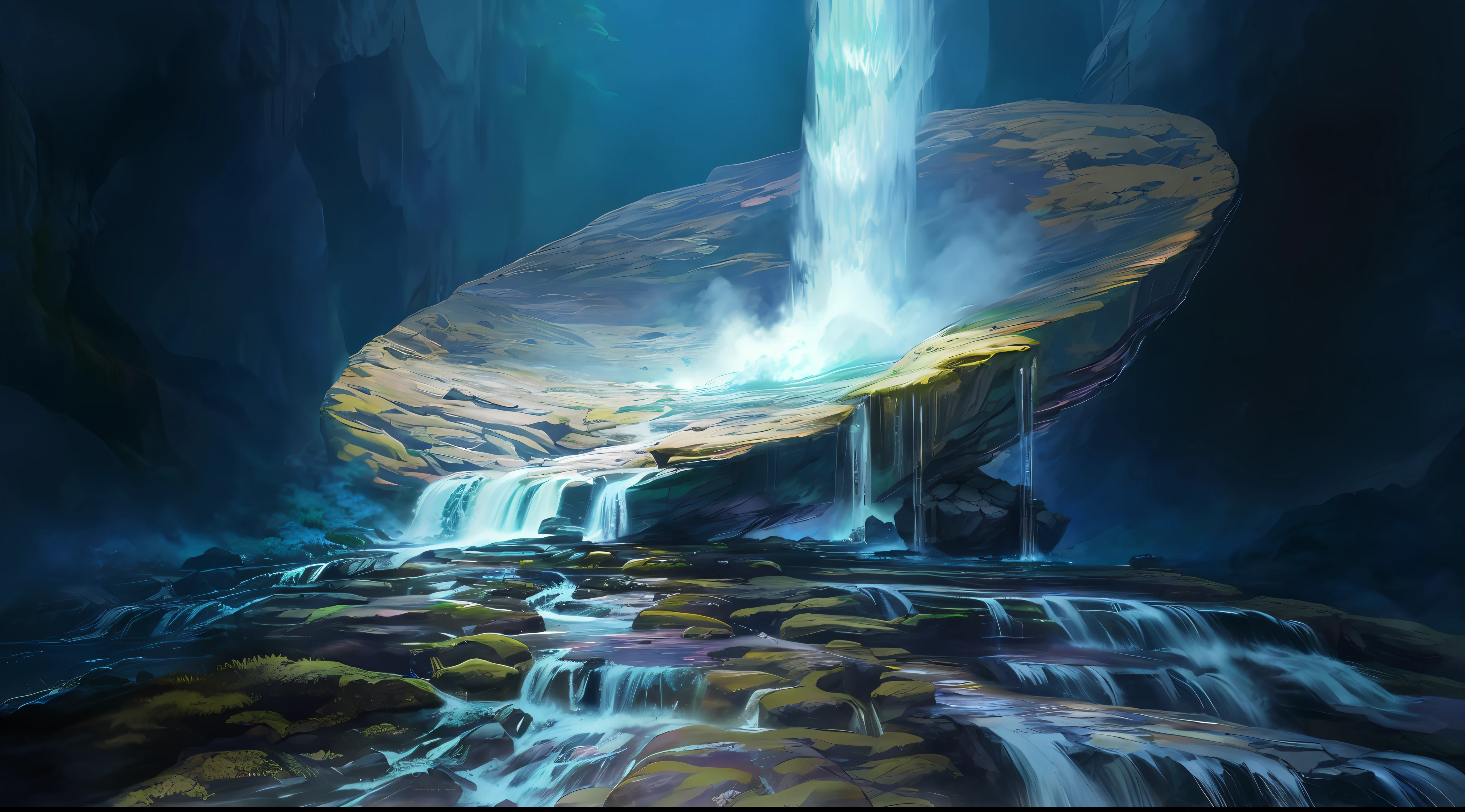 Waterfall in a cave,There is moss,Rock and a large rock, alien waterfall, mystical sci-fi concept art, highly realistic concept art, stunning concept art, beautiful concept art, magical concept art, amazing concept painting, surreal concept art,
