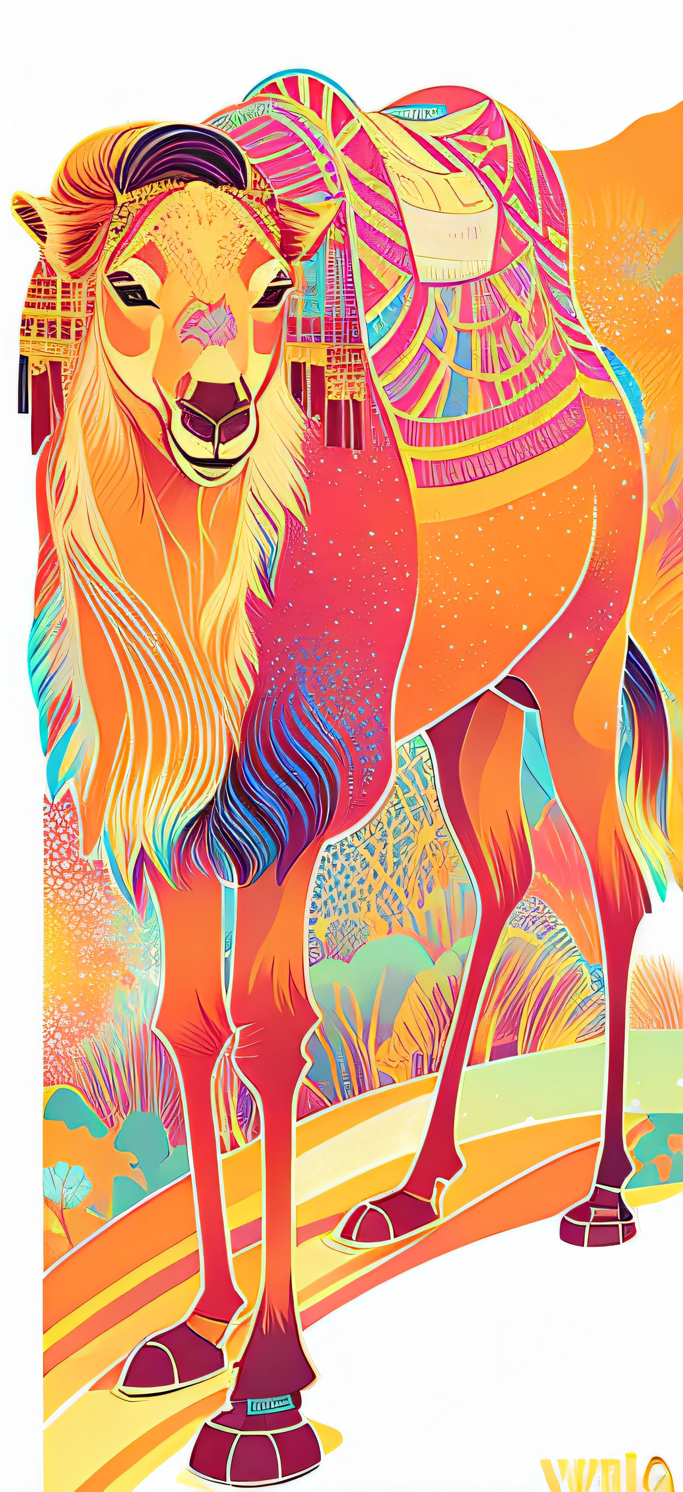 Colorful illustration of camel with saddle on back, jen bartel, Colorful illustration, colorful illustrations, psychedelic illustrations, victo ngai! cmyk palette, editorial illustration colorful, kilian eng vibrant colours, kilian eng vibrant colours, Adobe Illustrator Art, victo ngai! pastel colour, full-colour illustration, Detailed digital illustration illustration