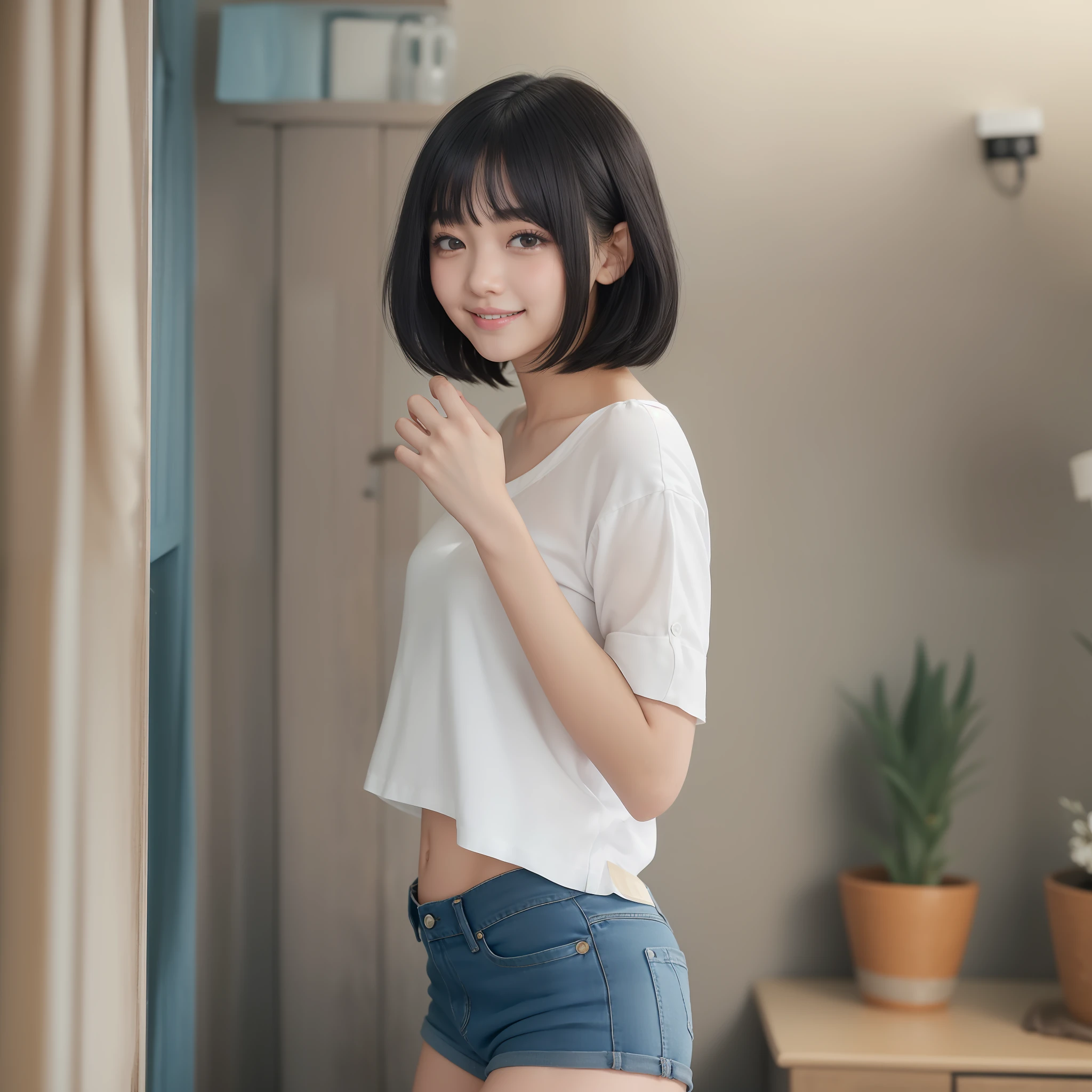 With the best image quality、 girl standing in room。((Black Hair Bob Hair))、Cute smile with mouth closed.。(tiny chest)、White camisole、Denim panties