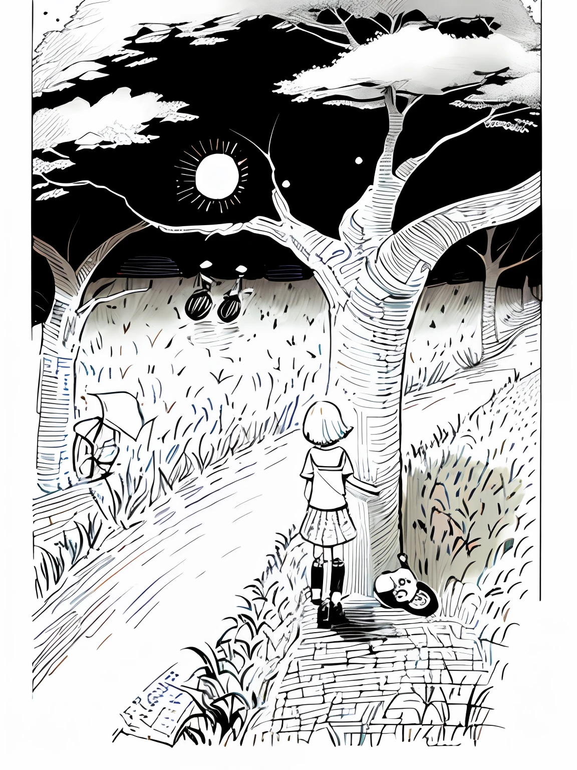 Draw a girl standing on a bench looking at a tree, Black and white illustration, author：Pal Barkai, inspired by Farel Dalrymple, full page illustration, author：Maria van Oosterwijk, by Mirko Rački, vignette illustration, children illustration, Children's illustration, Hand drawn illustrations, children's book illustrations