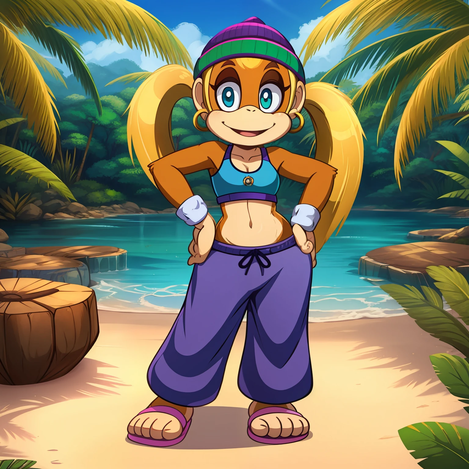 masterpiece, best quality, high resolution, full body, perfect body, perfect face, great detail, depth of field, tinykong, anthropomorphic, blonde hair, twin tails, baggy pants, monkey, crop top, light brown fur, beanie, anthro monkey, solo, 1girl, jungle background, palm trees, curvy hips, cel shaded, cartoon, flirty pose, looking at viewer,