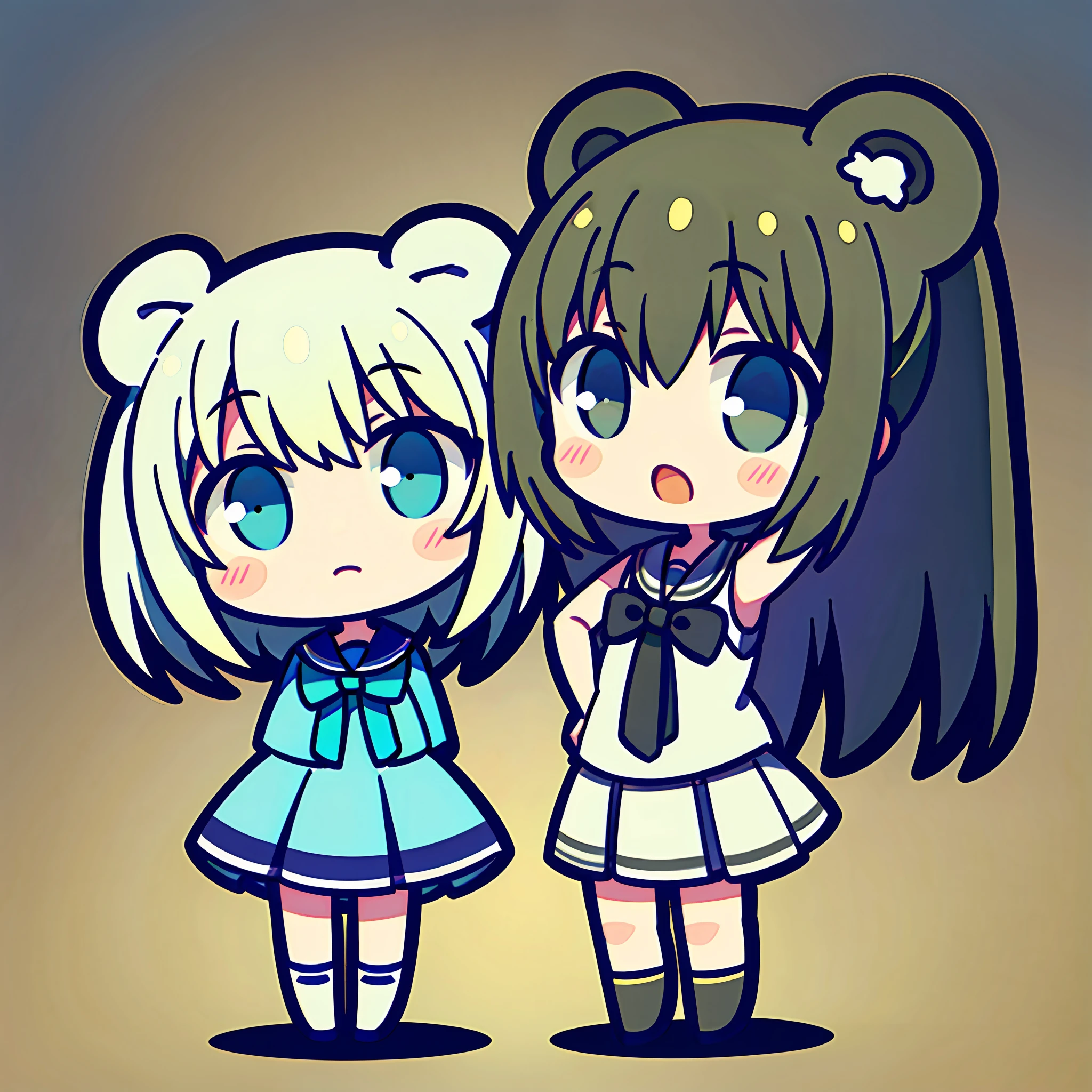 masterpiece, top-quality, 2girls、cartoon bone、 Chibi:1,Chibikyara,cowboy shot, Colorless plain background