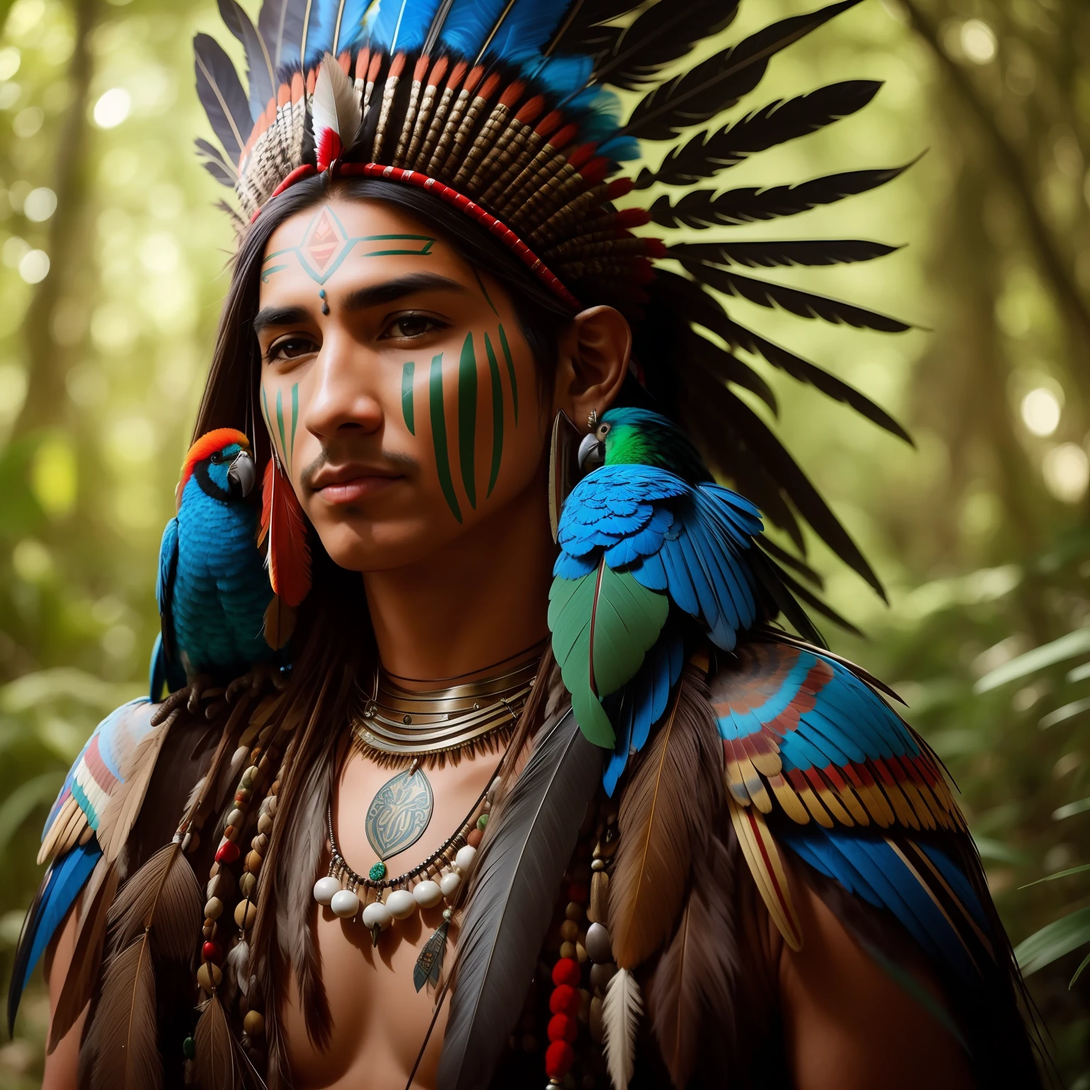 Man with feathers and feathers on his head and a parrot on his shoulder, avian warrior, Guerreiro nativo americano, Indian warrior, Um guerreiro nativo americano, : native american shamen fantasy, Nativo americano, amazon indian peoples in brazil, indigenous man, amazon warrior, pintura facial tribal, usando coroa de penas brilhantes, Guerreiro asteca, foto de retrato, usando armadura tribal