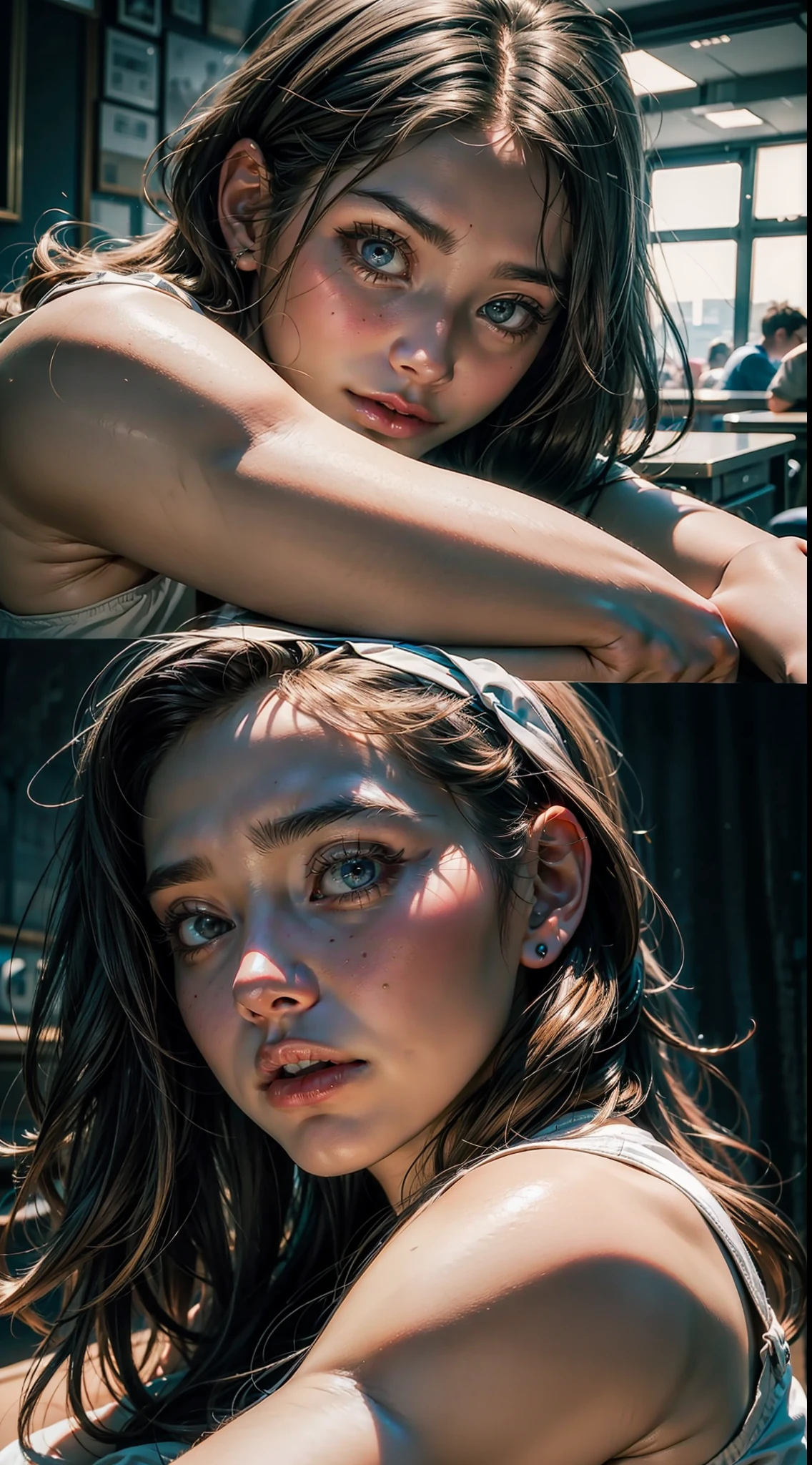 Six images in a photo of a face of an 18-year-old girl in various poses in the photo , Great ultra realistic 8K quality