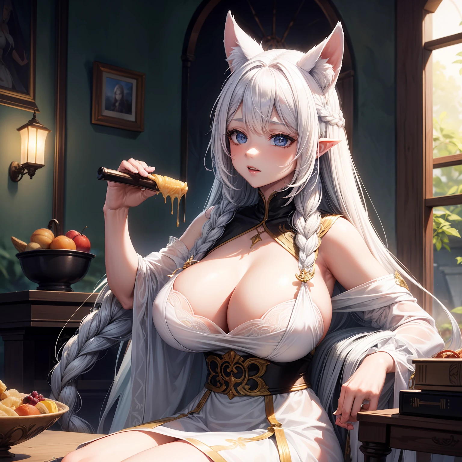 Mature Milf woman with bulky and seductive body with bust and huge breasts with a mature face and sitting eating a piece of meat with her hands, vestido branco e cinzenta com detalhes dourados todo molhado e transparente, (nudez:1.2), vestido de princesa branco transparente molhado, orelhas de gato, Rapunzel white braided hair, seios gigantescos, peituda, (obra-prima: 1.2, melhor qualidade), (belos olhos finamente detalhados: 1.2),olho pretos e vermelho ((Heterocromia)), (fundo detalhado, fantasia escura), (rosto bonito e detalhado), Alto contraste, (best ilumination, extremamente delicado e bonito), ((cinematiclight )), Colouring, hiperdetalhe, dramatic light, detalhes intrincados, (1 garota, sozinho, Rapunzel's white hair braided with cat ears and demon horns, olhos pretos e vermelhos, cabelo entre os olhos, dinamic angle), (White Rapunzel hair with extremely long braids), corpo volumoso com seios e busto enormes, (respingos de sangue: 1.2), luz negra rodopiante ao redor do personagem, profundidade de campo.