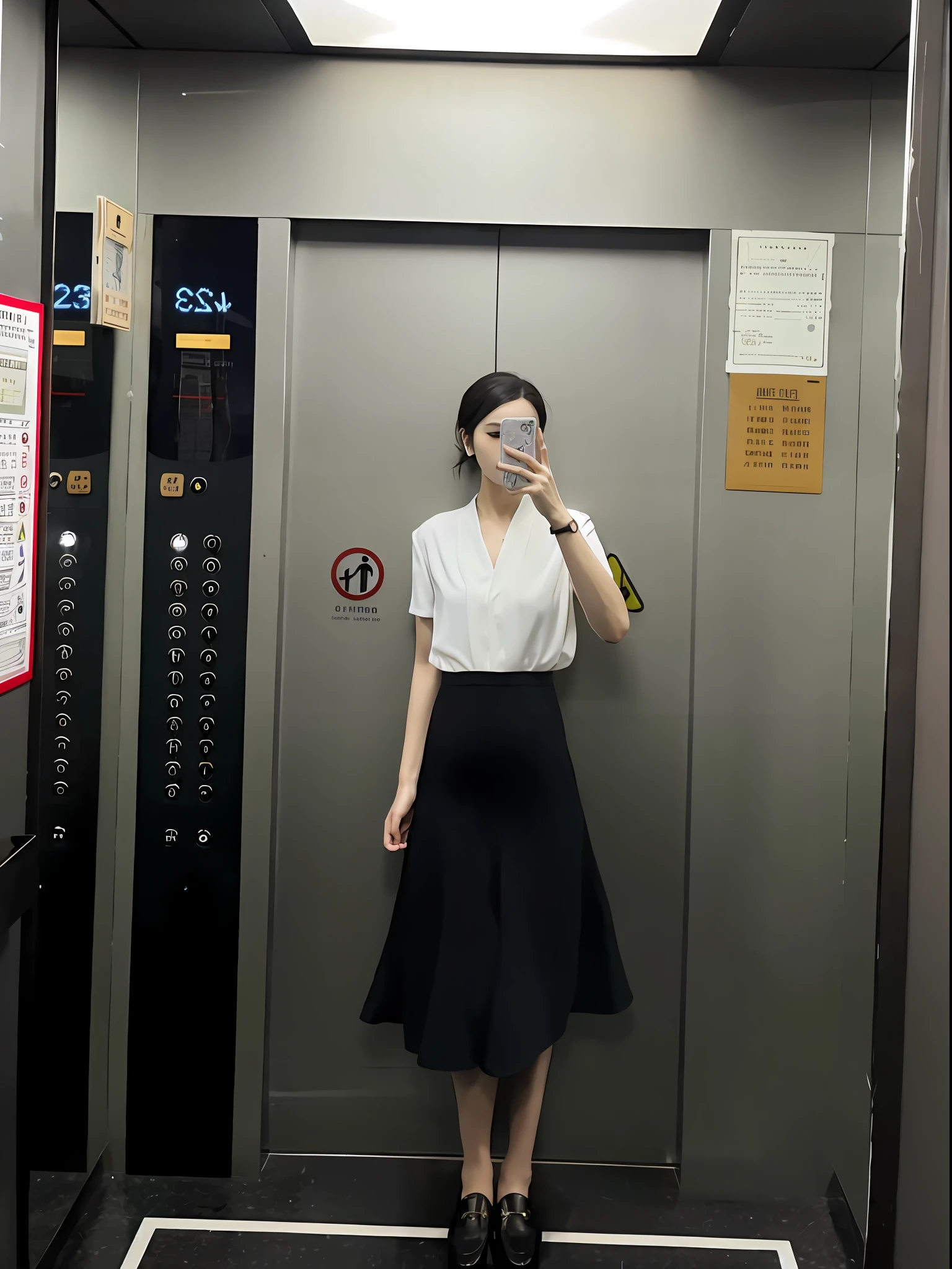 Woman in a white shirt and black skirt standing in the elevator, inspired by Cheng Jiasui, in an elevator, office clothes, year 2447, taken in 2 0 2 0, Elevator, photograph taken in 2 0 2 0, 2 4 mm ISO 8 0 0, white shirt and grey skirt, Coveralls, 19xx