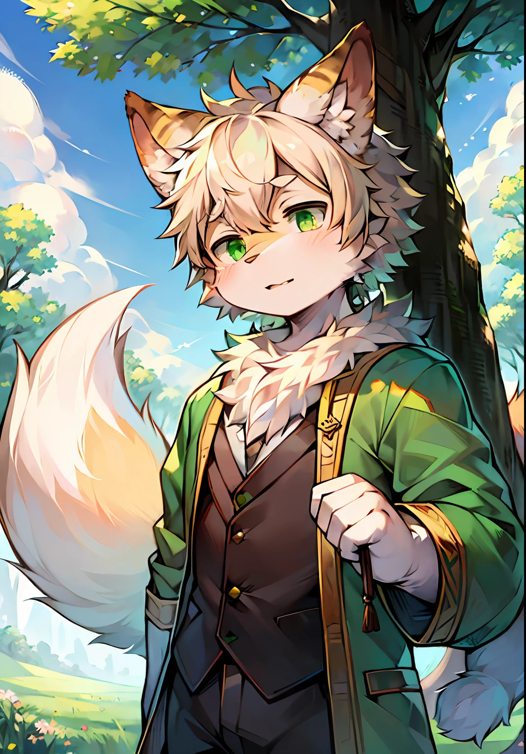 Masterpiece,High quality,abstract res,Digital painting\(artwork of a\), author:BrukkiGunar, Yupa,Kiyosan,(anthro,Fluffy fur,Character focus:1.1),anthro male cat,Portrait , eyes with brightness, in a panoramic view, Character focus.(detailedbackground:0.7), 独奏, shaggy, shaggy male, Majesty,apathy,Handsome,malefocus, Robust,Strong anthrax(Full Body Furry, It has a fluffy tail,With a green pattern, White fur, Dark green eyes), (Long felines、moth、White feathers、Dark green ears、Beige tail、Green pattern、Beige hair、Manteau:1.2),(External、In the daytime、Dense grass、Low tree、clear skies、grassy fields)