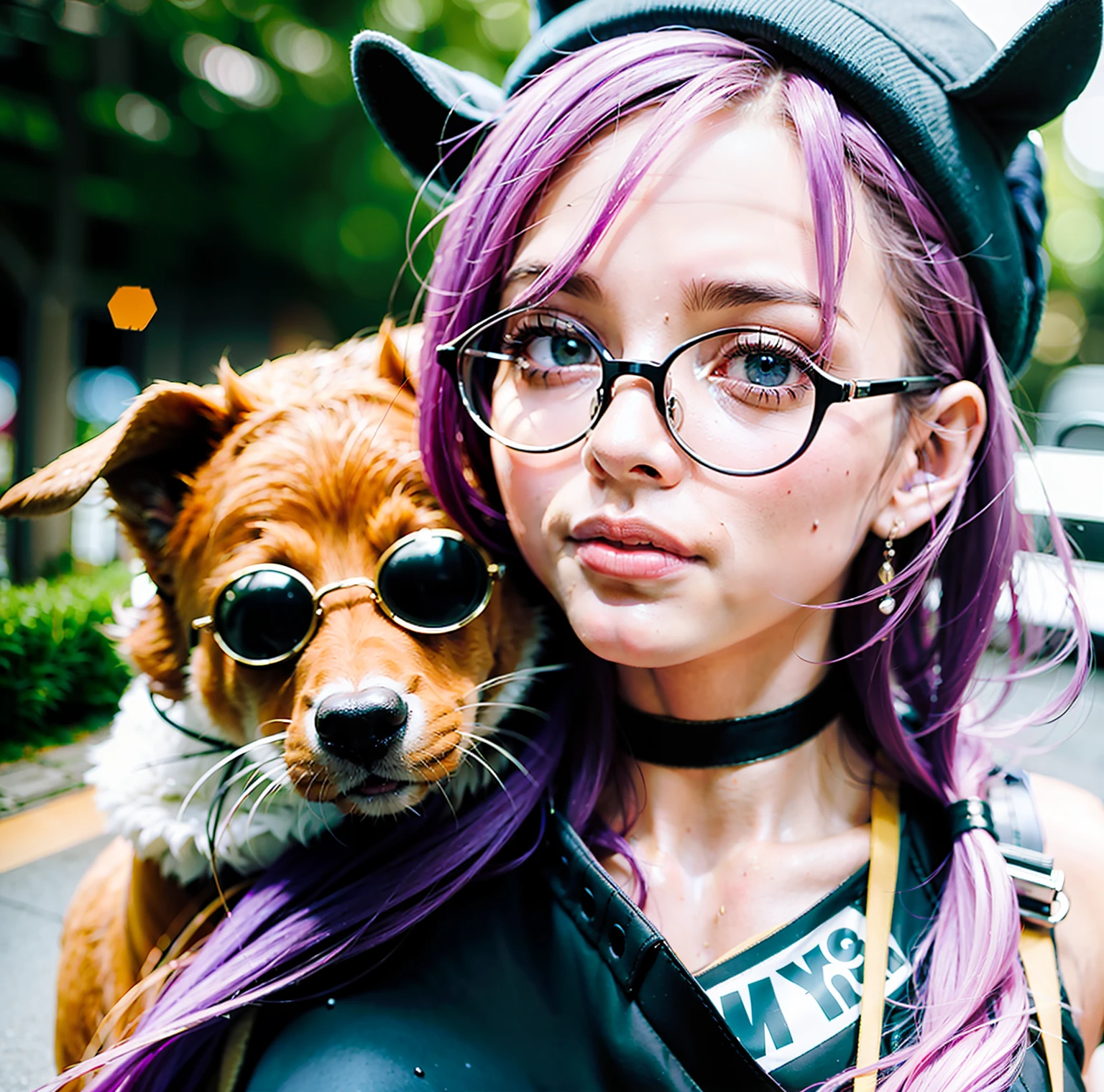 Realistic photo, Menina de 20 anos, cabelo rosa com coques, hat with purple stripes, Tampo do tanque, leggings on the arms, Round Eyewear, backpack carrying movie dog