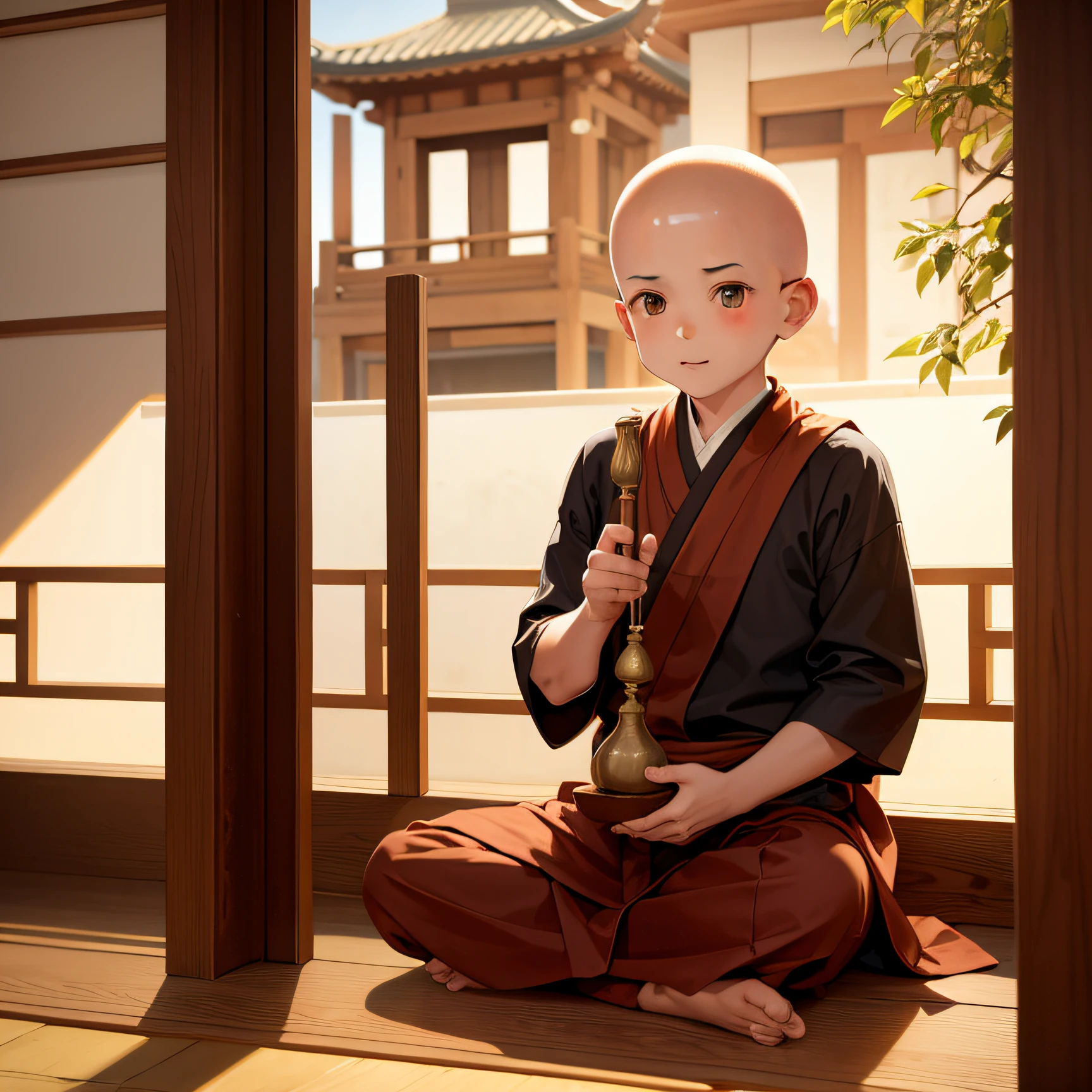 Male little monk without hair，Sitting in the Buddhist hall knocking wooden fish