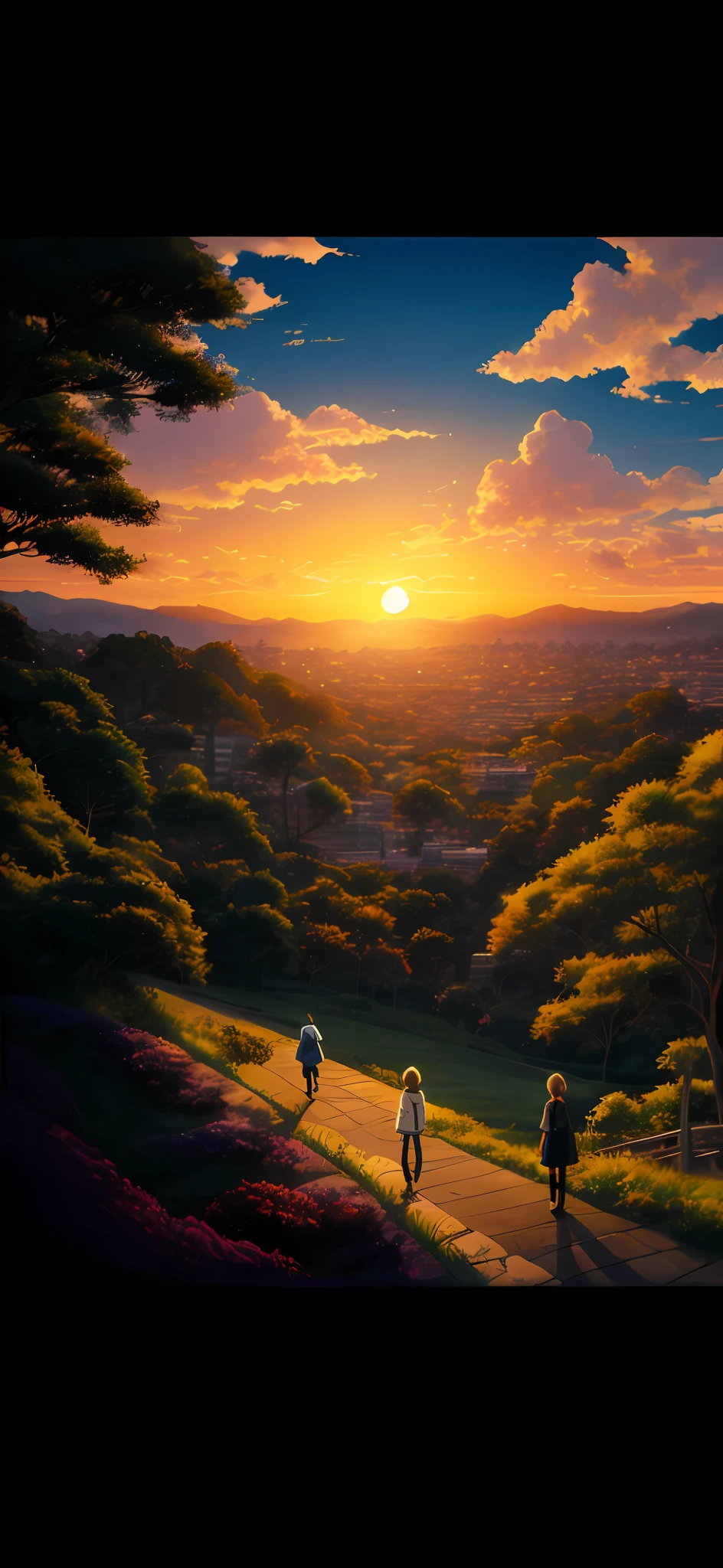 the setting sun,evening light,view from long distance,plethora of colors,Gorgeous and colorful,wide wide shot,style of anime,High hills,城市,visual novel,Beuatiful anime,Popular on the ArtStation Pixiv,The is very detailed、anatomically correcte、digitial painting,concept-art,Estilo de Makoto Shinkai,Clear picture