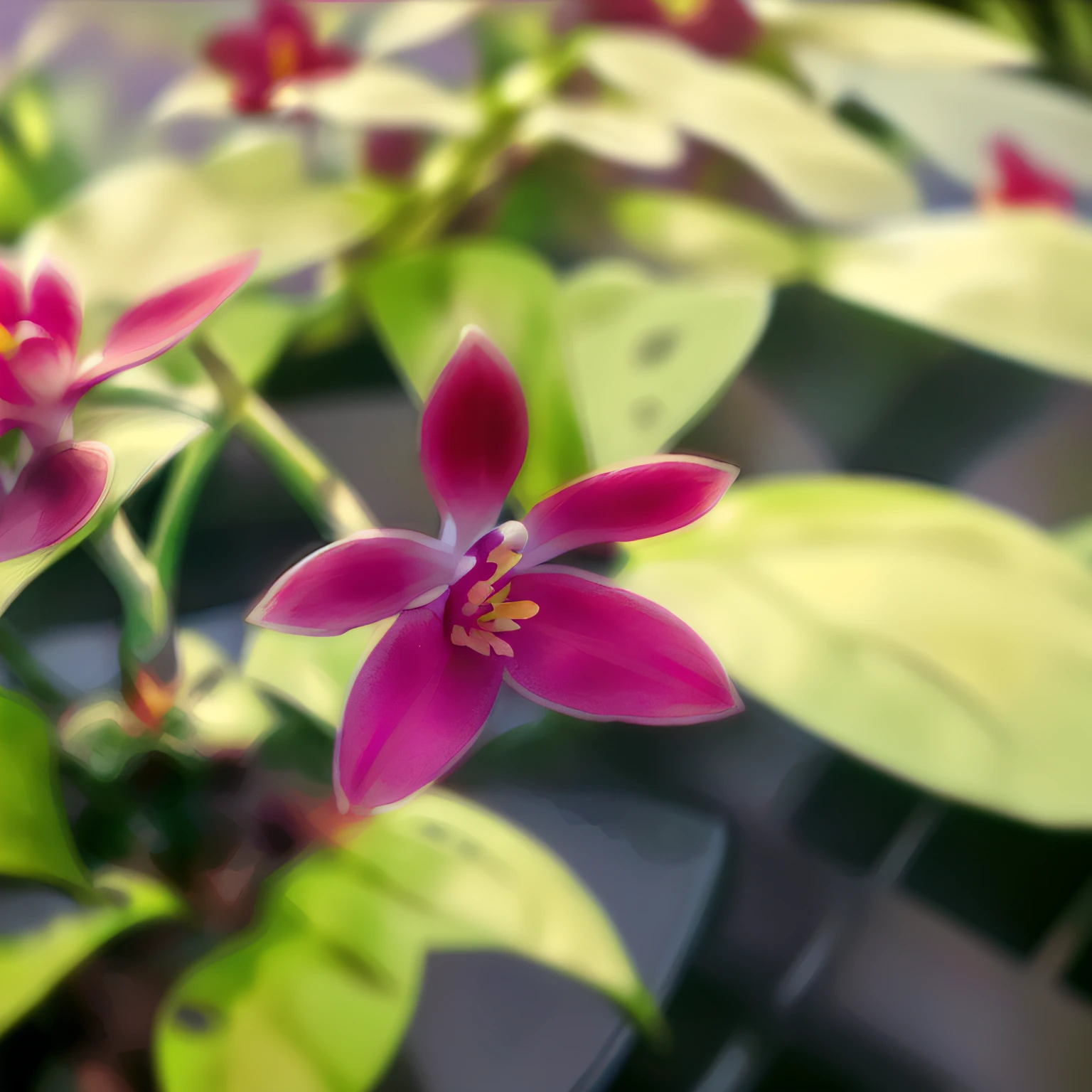 Purple flowers in leafy potted plants, an orchid flower, orchid, an orchid flower, Moth orchid, Orchid stem, Reflective orchids, Holding a red orchid, taken with sony alpha 9, blooming tropical flowers, slightly smooth, flower sepals forming helmet, author:Sam Dilmans, stella alpina flower, Beautiful image, author:Jacob Galmain, violet polsangi