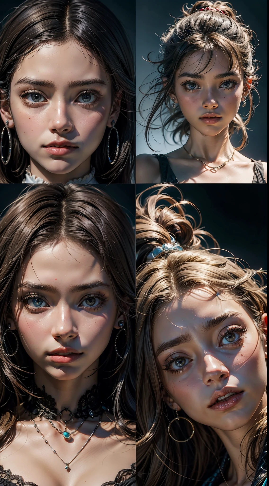 4 images in a photo of a face of an 18-year-old African American girl in various poses , Grande qualidade 8K ultra realista